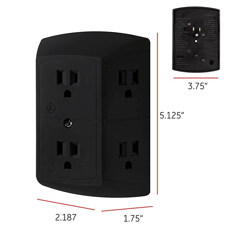 UltraPro 6Outlet Sur Protector Adapter Spaced Wall Tap 2 Pack 3Prong Power Strip Charging Station Side Access Black 47845