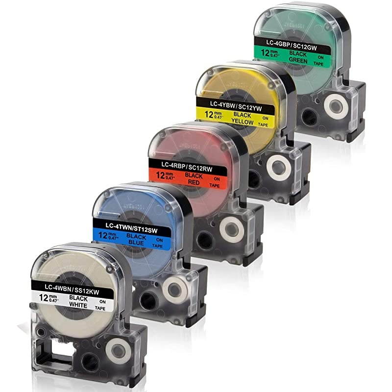 Compatible Label Tape Replacement for LK4WBN LK4LBP LK4RBP LK4YBW LK4GBP for Epson LabelWorks LW300 LW400 LW500 LW600P LW700 LW900 LW1000P Label Maker 12 x 26 12mm x 8m 5Pack