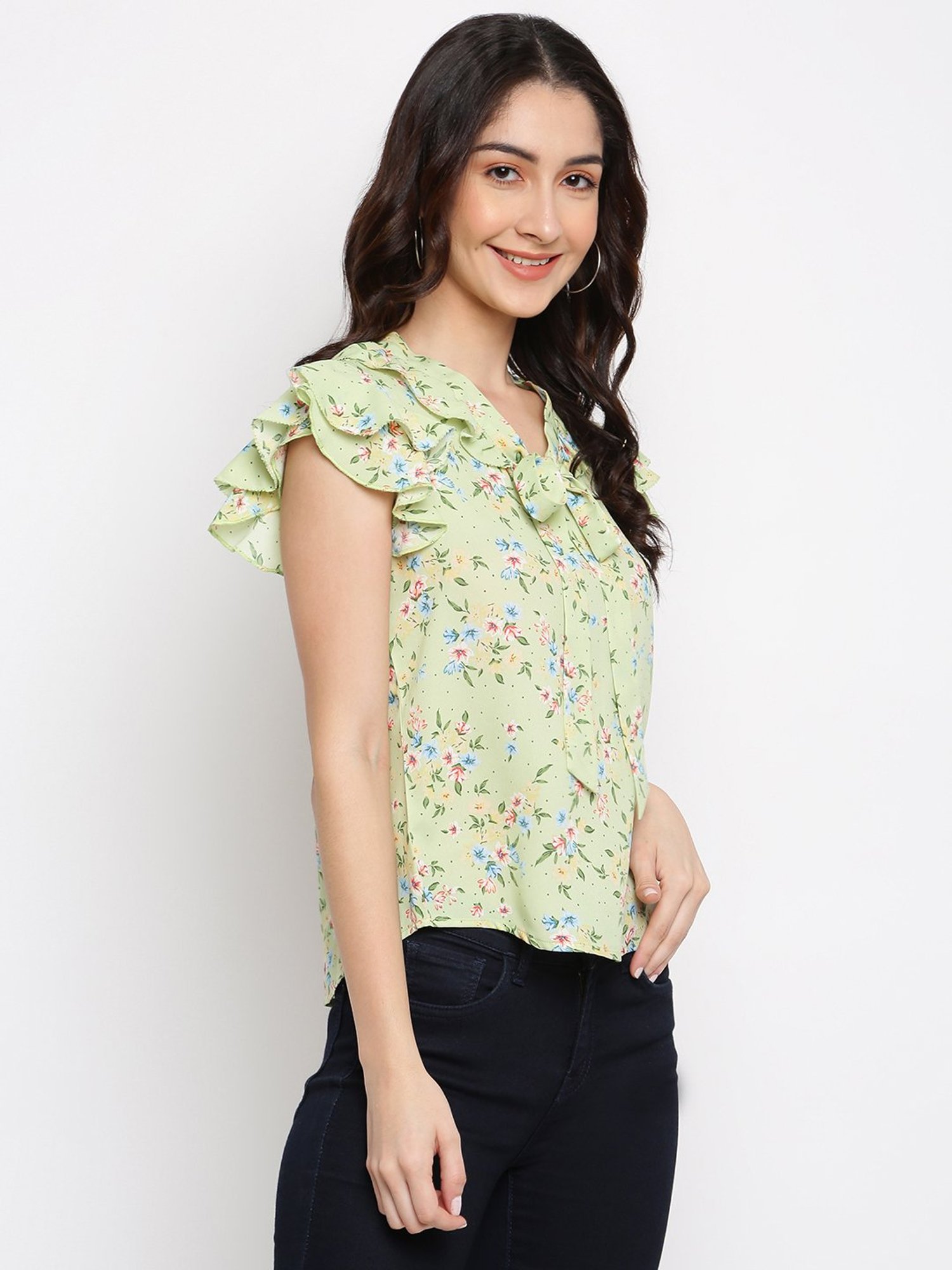 Latin Quarters Green Floral Print A-Line Top