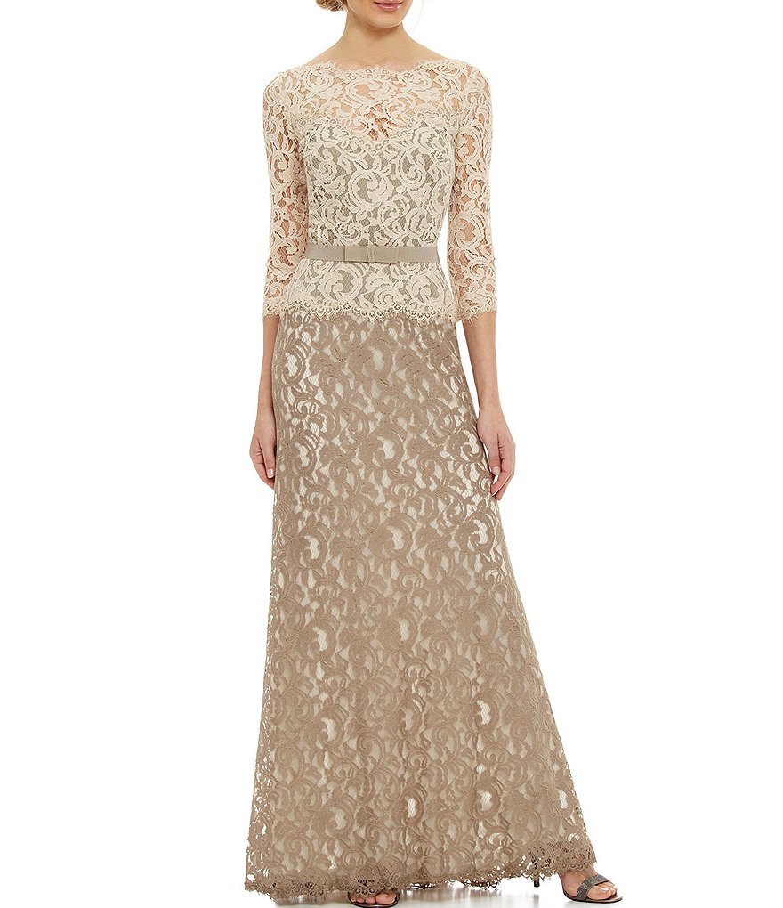 Tadashi Shoji Illusion Neck 3/4 Sleeve Two Tone Lace Gown