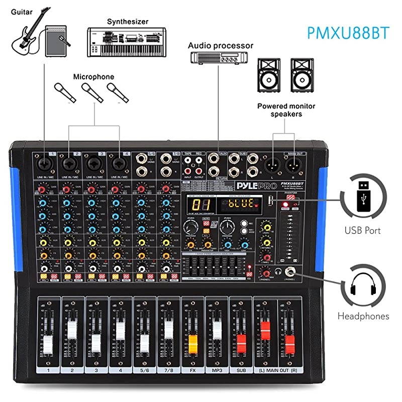 Bluetooth Studio Audio Mixer - DJ Sound Controller Interface w/ USB Drive for PC Recording Input, XLR Microphone Jack, 48V Power, RCA Input/Output for Professional and Beginners - PMXU88BT