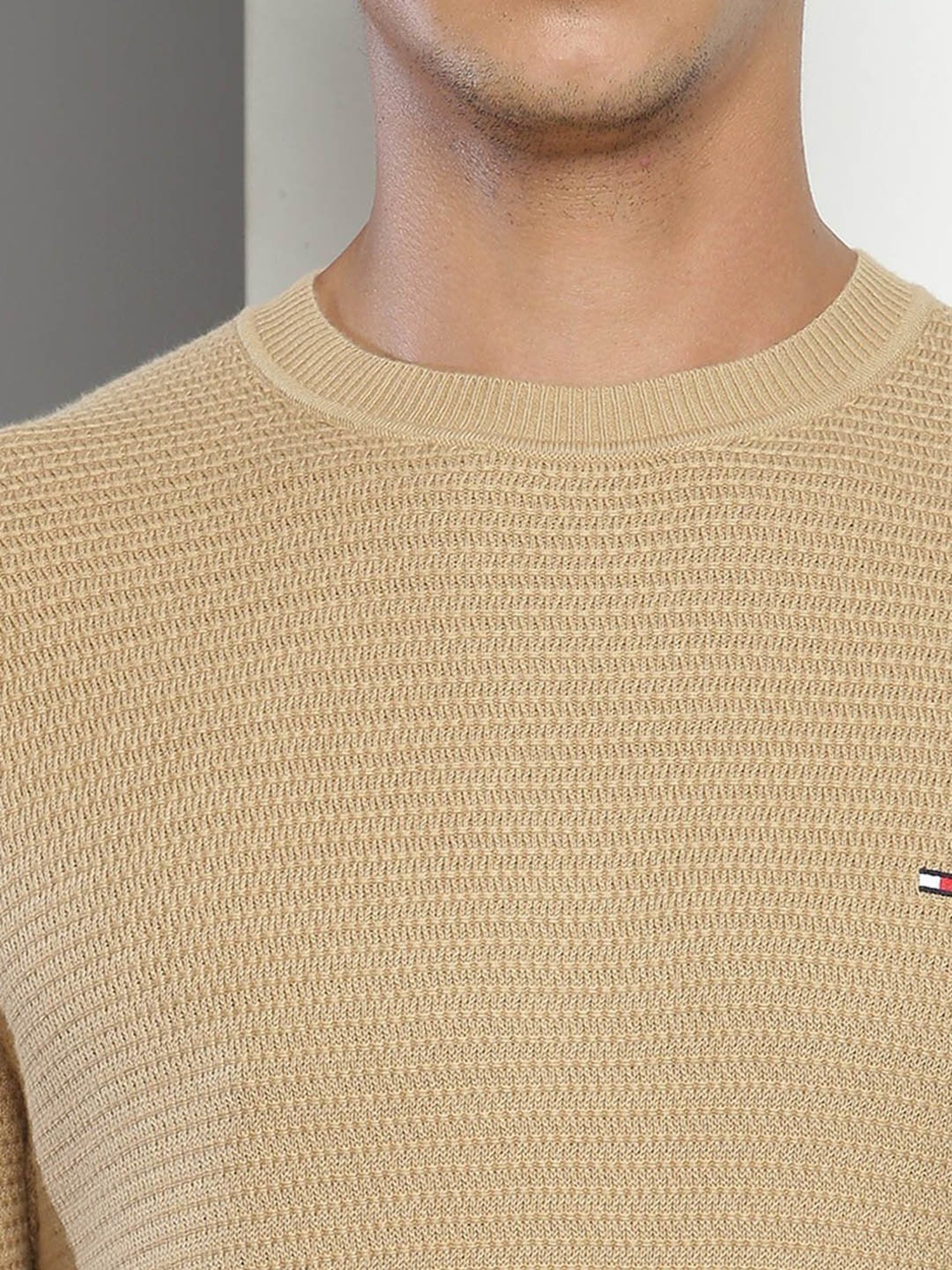 Tommy Hilfiger Beige Cotton Regular Fit Self Pattern Sweater