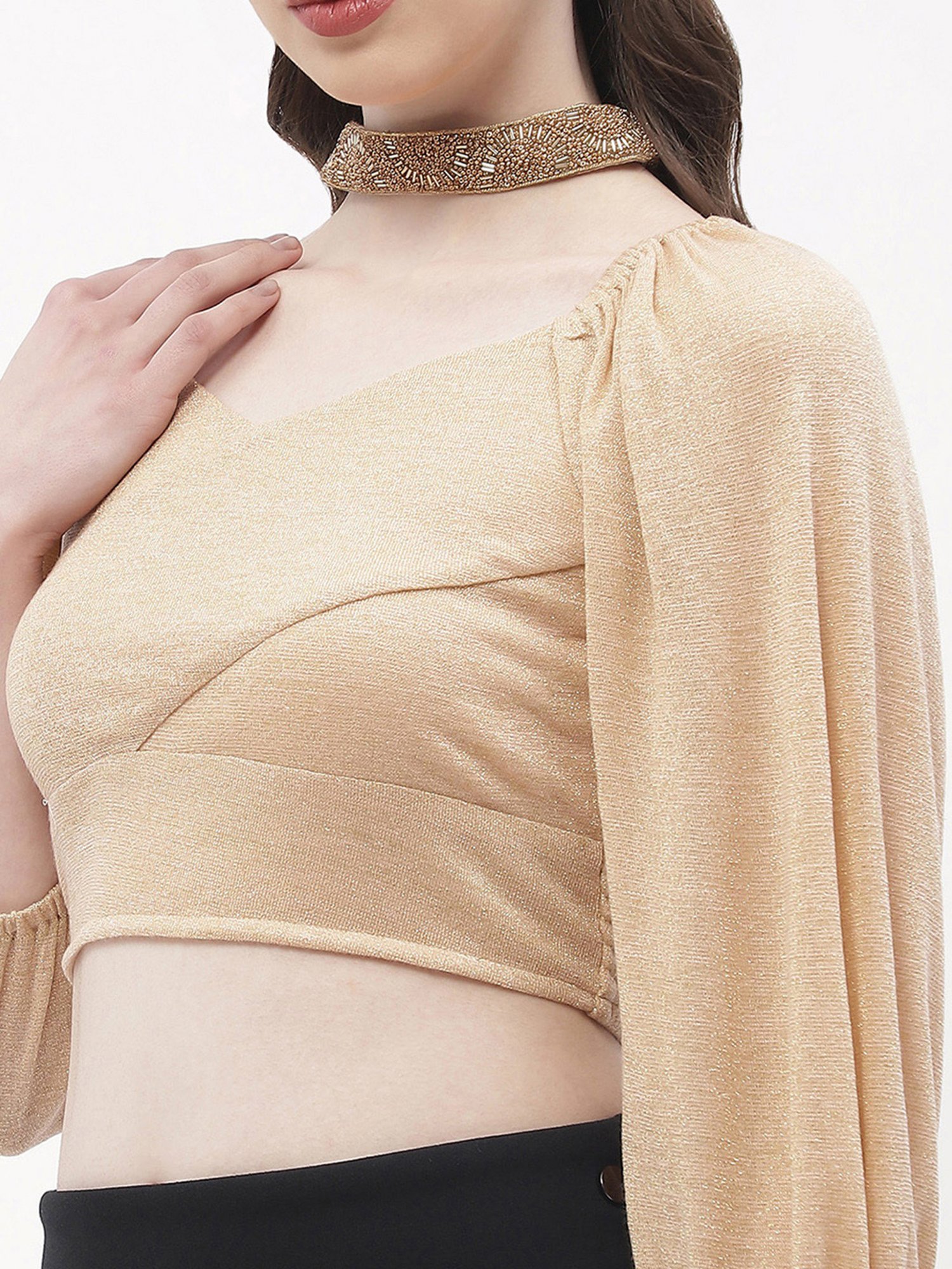 MADAME Beige Textured Crop Top
