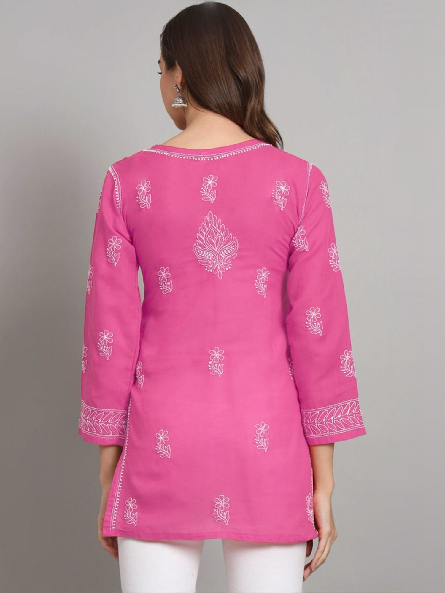 PARAMOUNT CHIKAN Hot Pink Cotton Hand Embroidered Chikankari Straight Kurti