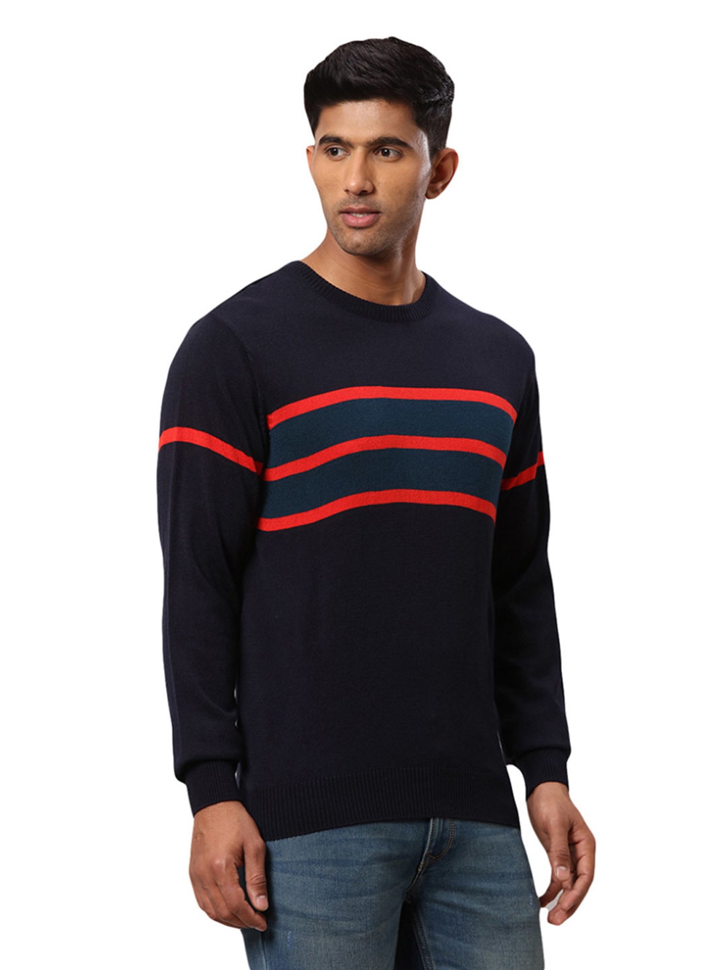 Raymond Blue Regular Fit Striped Sweater