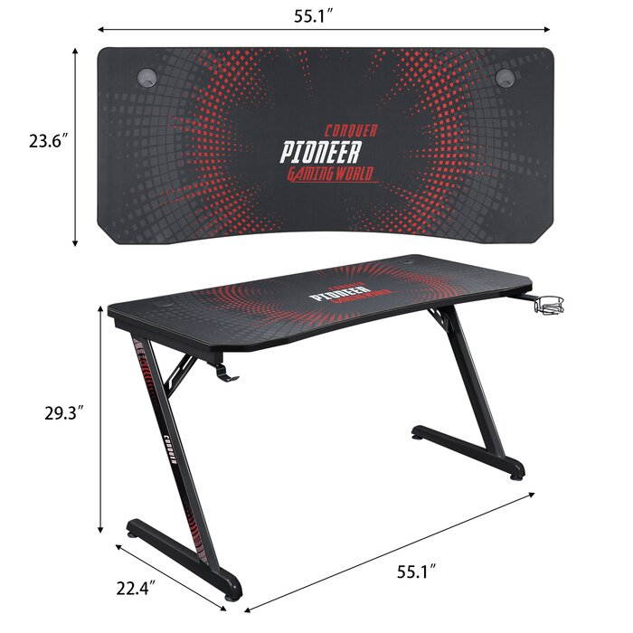 Devoko Gaming Desk 55 Inch Computer Gaming Desk Z-Shaped Pc Gaming Desk with Carben Fiber Surface Gamer Desk with Free Mouse Pad Home Office Desk with Cup Holder and Headphone Hook (Black)