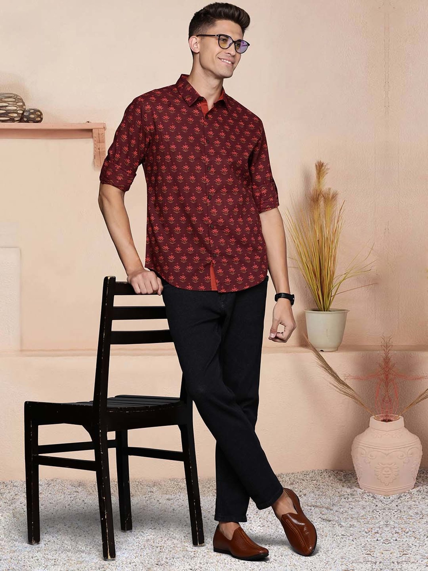 Ramraj Red Cotton Regular Fit Shirt