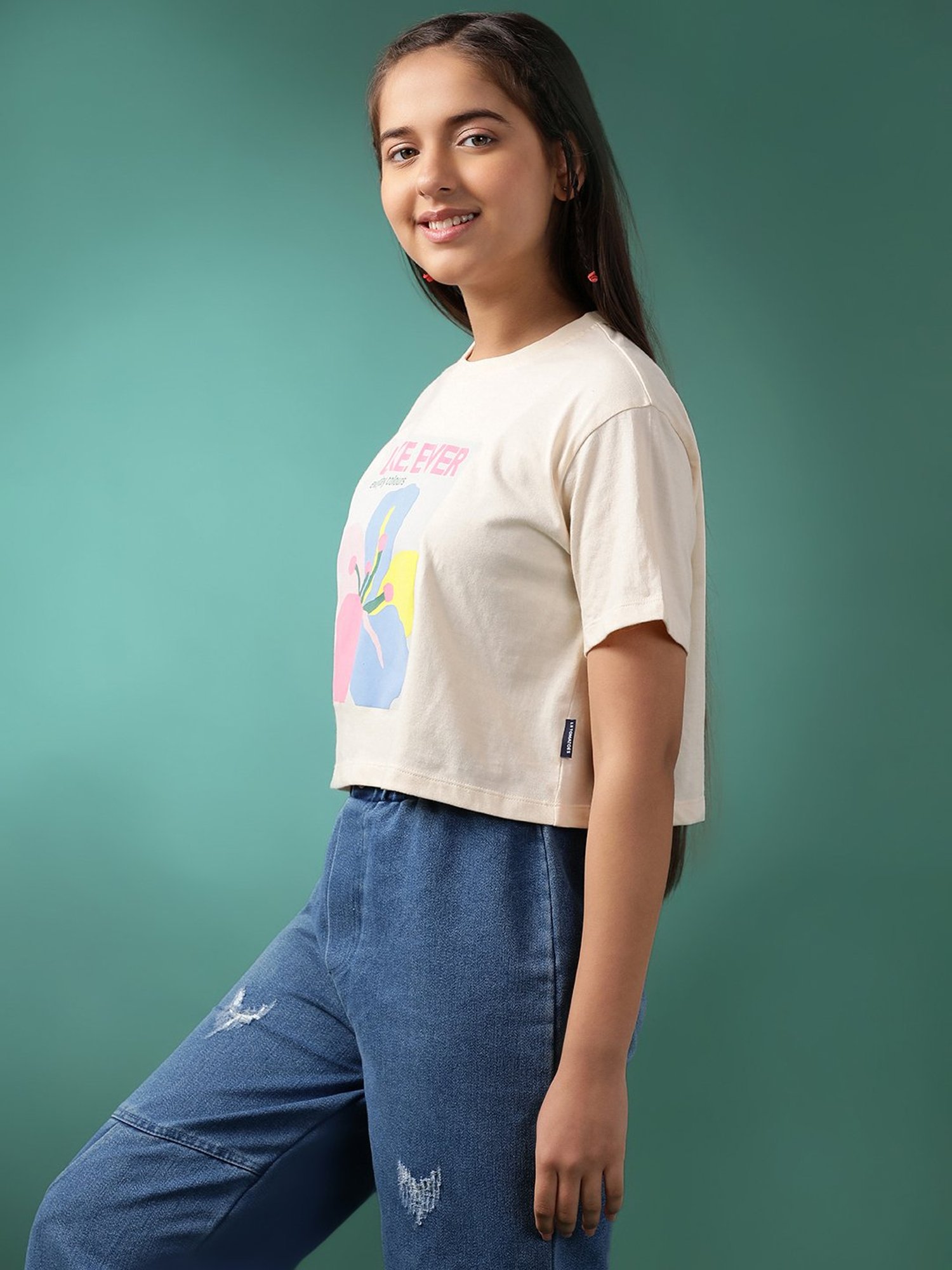 Lil Tomatoes Kids Cream Printed Crop Top