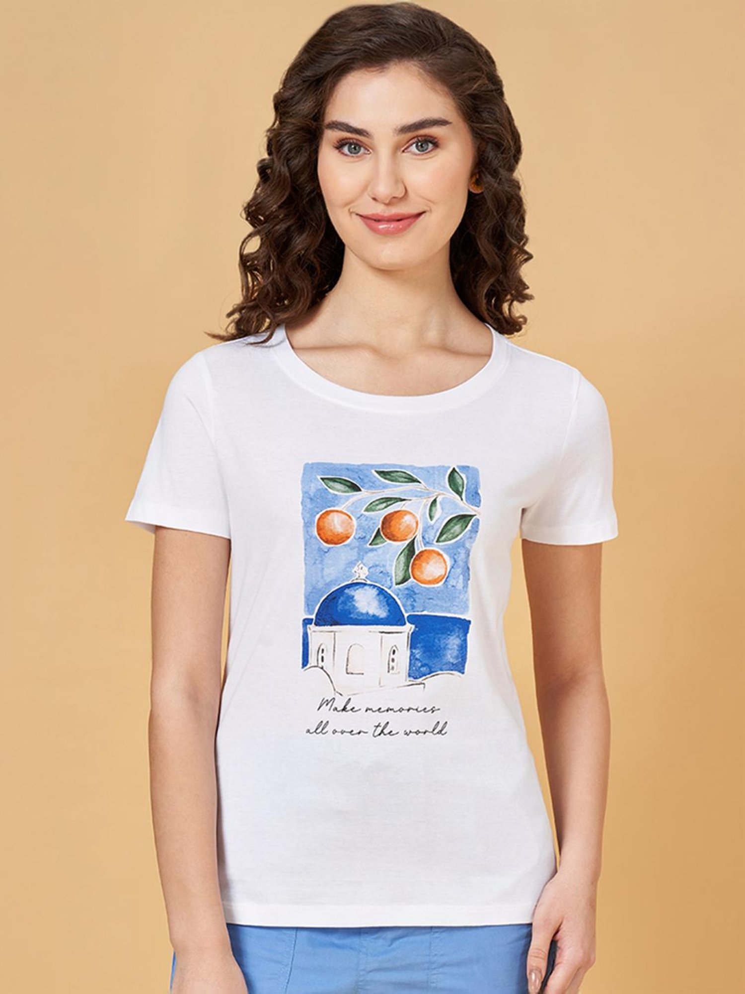 Honey by Pantaloons White Cotton Printed T-Shirt