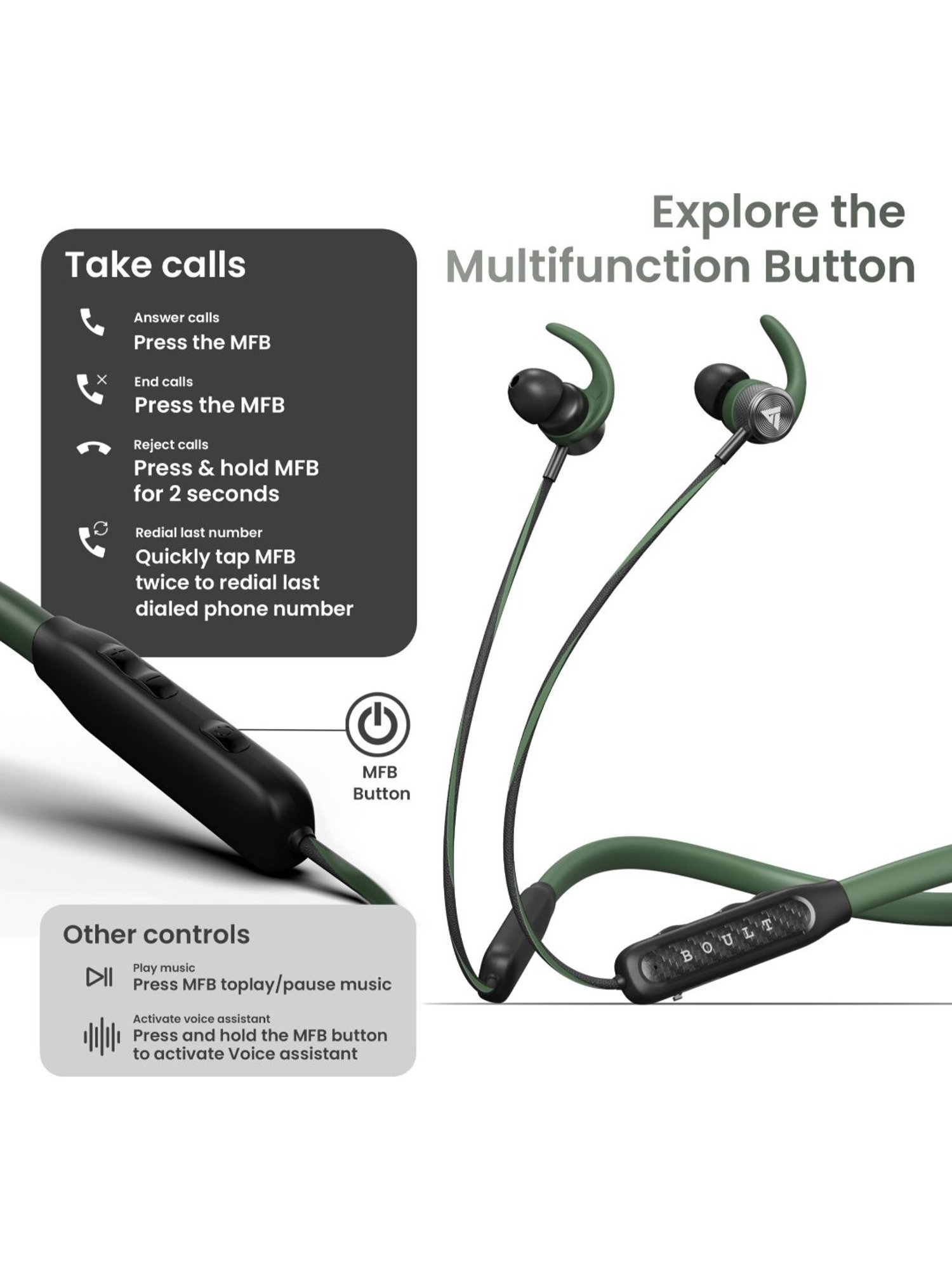 Boult Audio Rcharge Neckband with 30Hrs Playtime, ENC Mic, Dual Device Pairing (Green, In the Ear)
