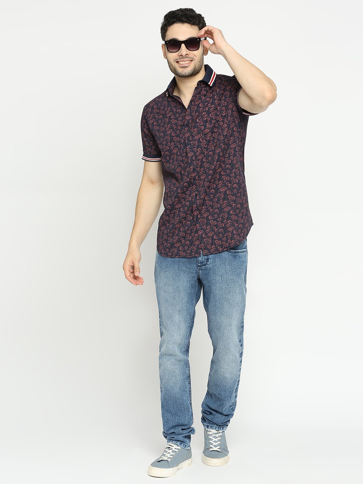 SOLEMIO Navy Slim Fit Printed Shirt