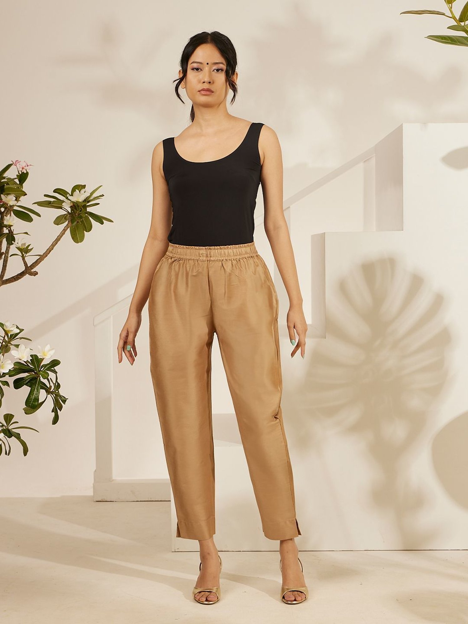 Daali Gold Viscose Blooming Mood Pencil Pants