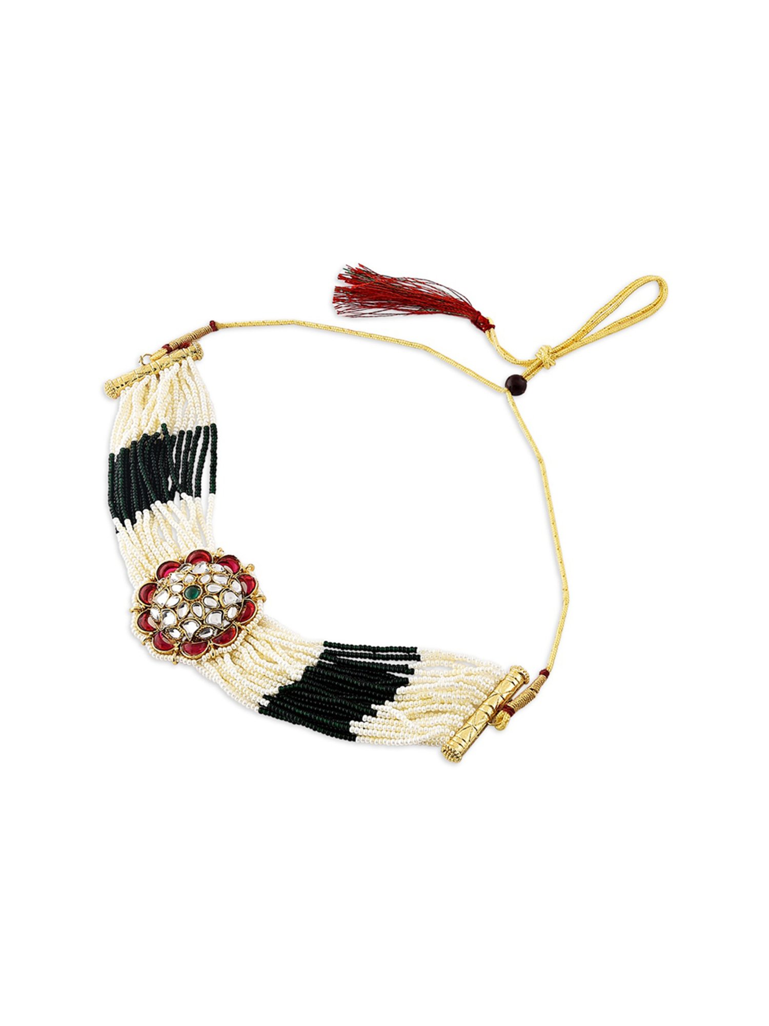 Zaveri Pearls Green & Pink Multistrand Ethnic Choker Necklace Earring & Ring Set-ZPFK10775