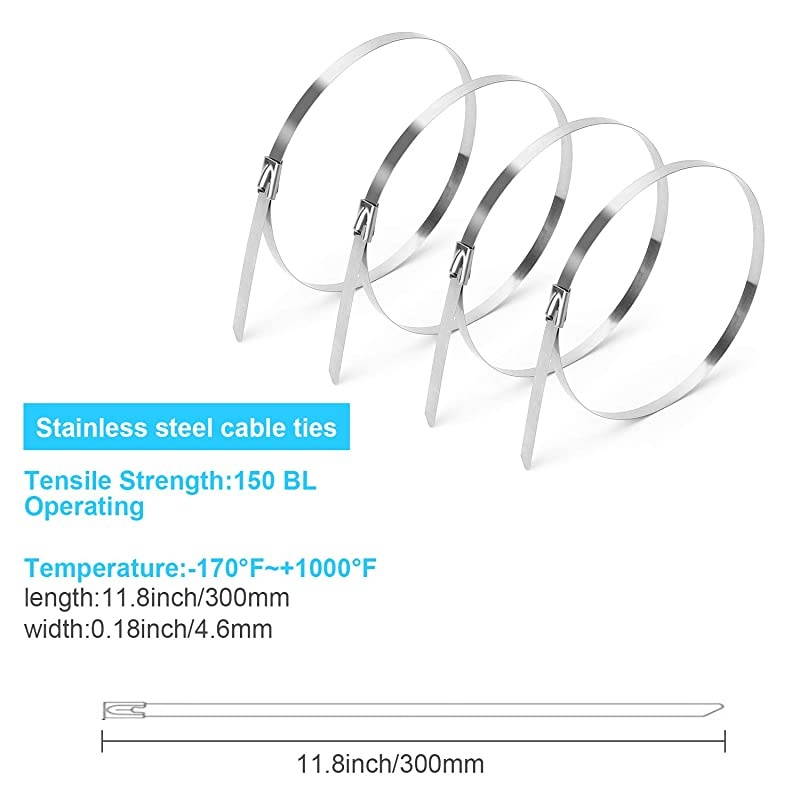 118 Inch Metal Cable Zip Ties 304 Stainless Steel Multipurpose Heavy Duty Selflocking Cable TiesSuitable for Exhaust Wrapping Fence Outdoor and Canopy Etc