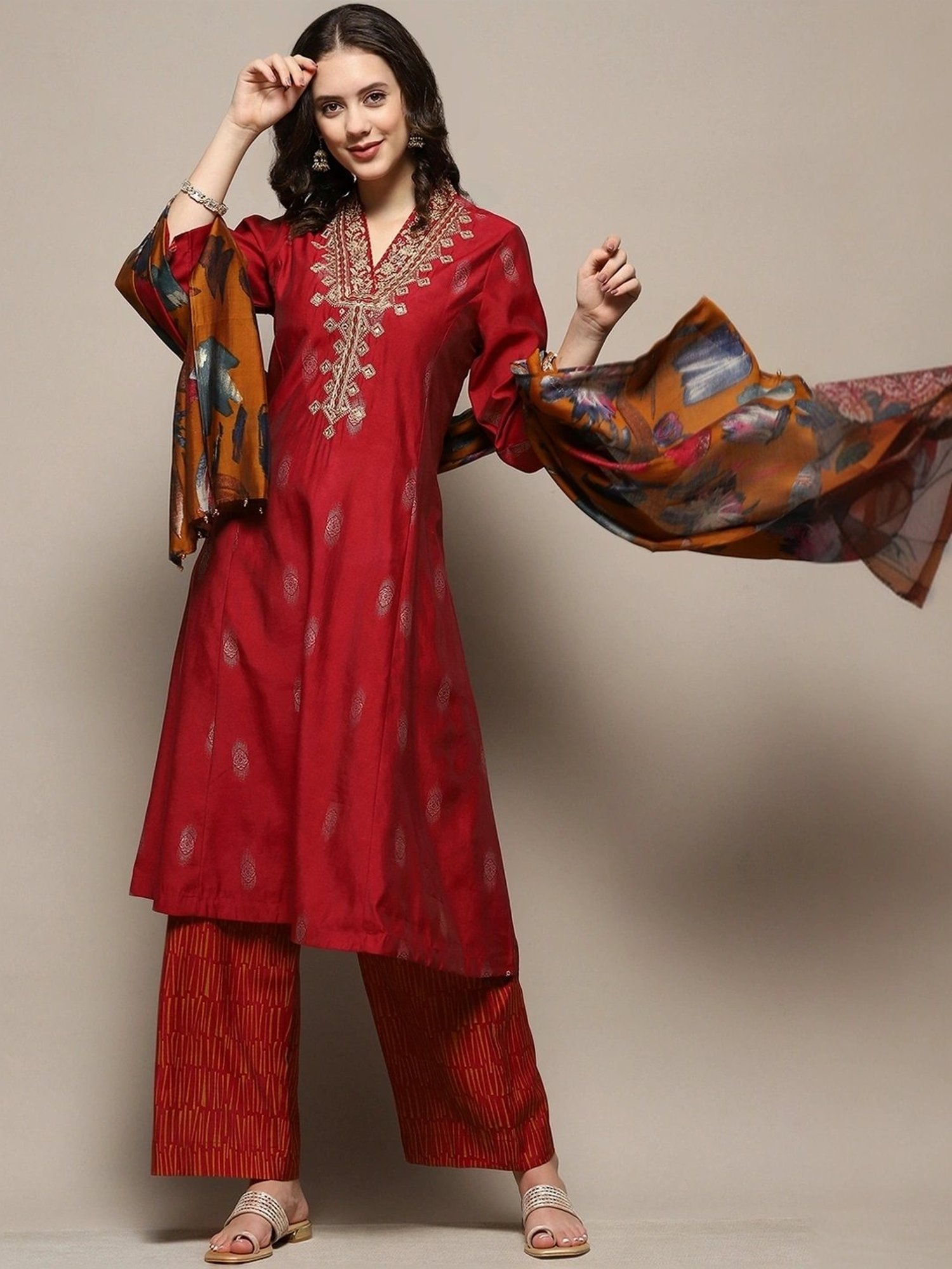 Biba Maroon Embroidered Kurta & Palazzo Set With Dupatta