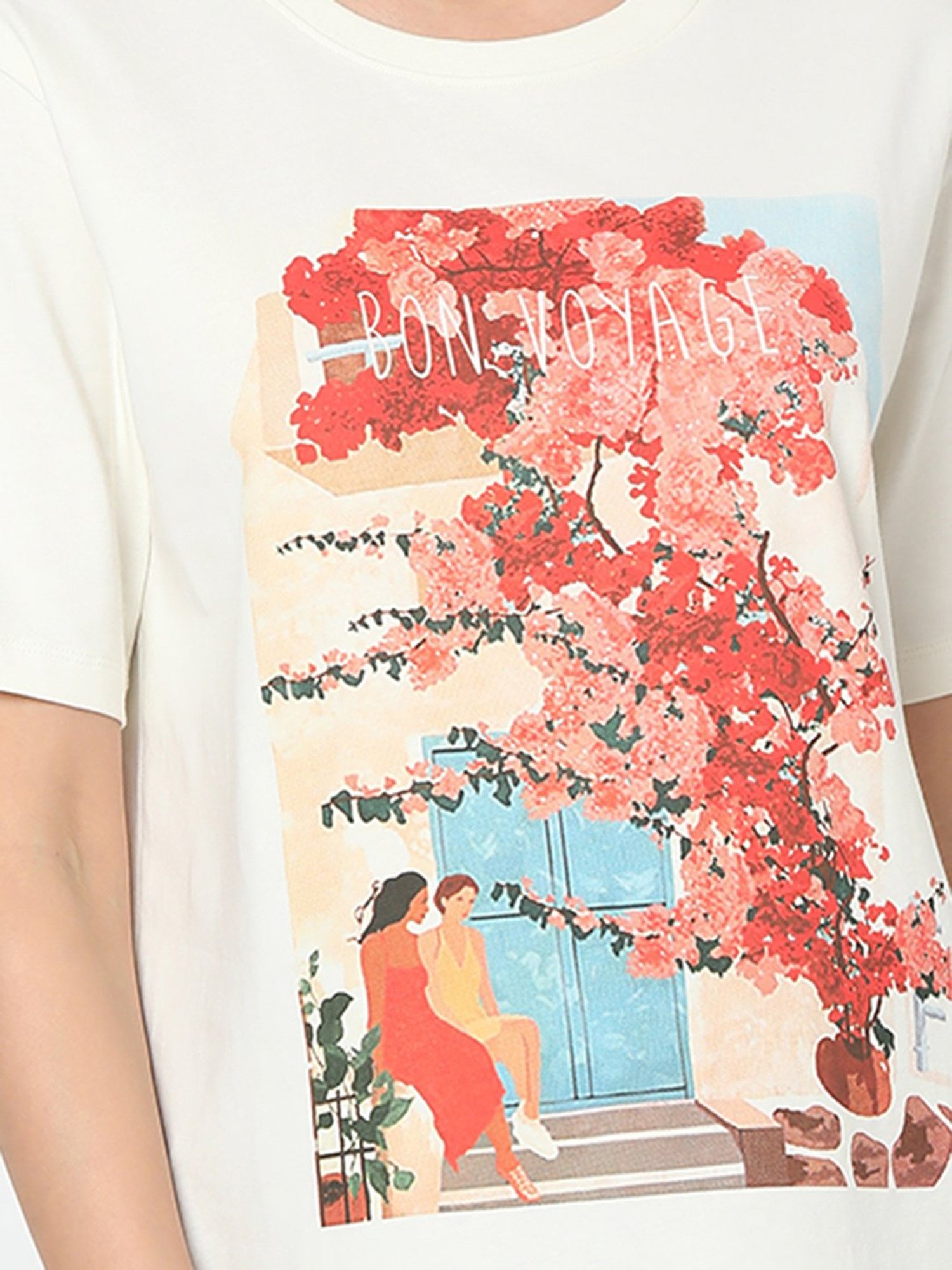 Vero Moda White & Red Cotton Floral Print T-Shirt