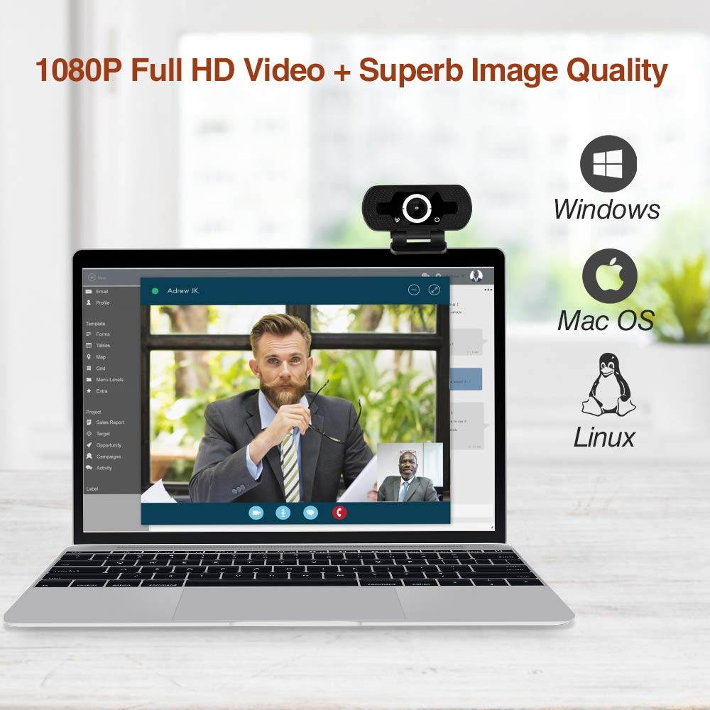 Webcam 1080P Computer Camera with Privacy Cover USB Connection Built-in Noise-reduction Microphone for Live Video