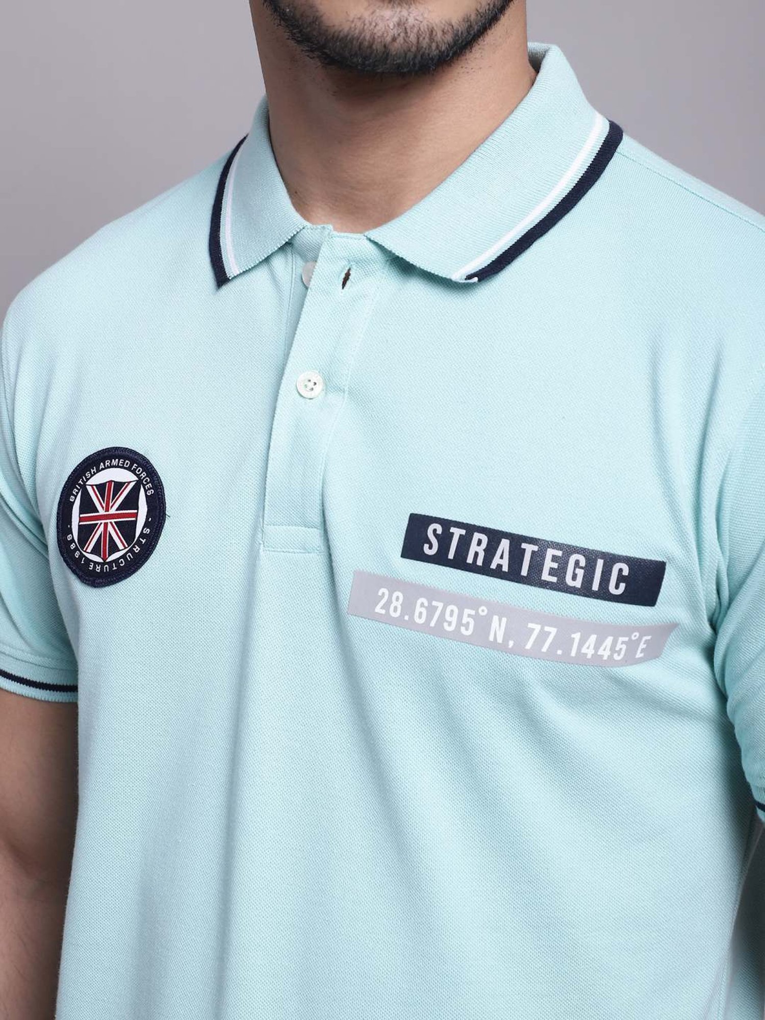 Cantabil Light Teal Regular Fit Printed Polo T-Shirt
