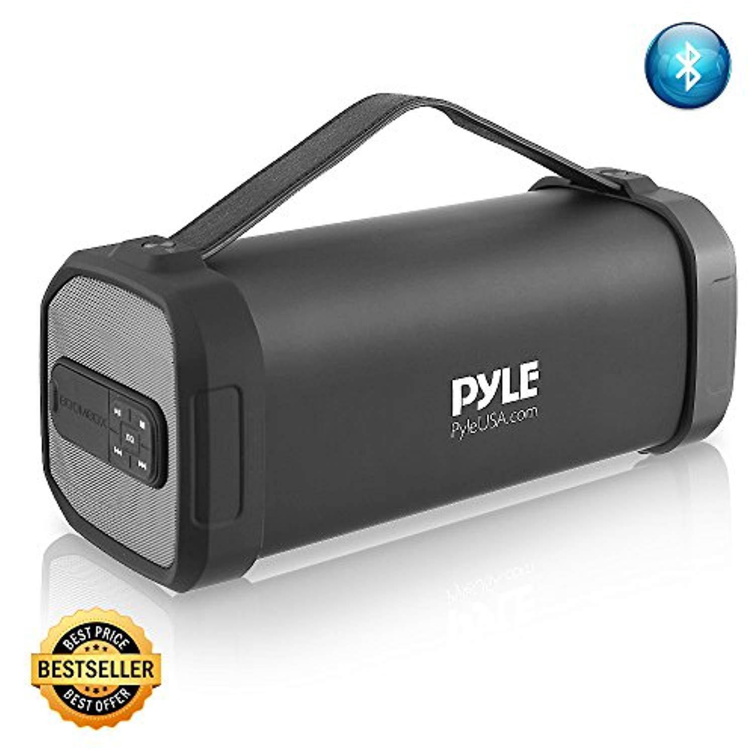 pyle wireless portable bluetooth speaker  150 watt power rugged compact audio sound box stereo system with rechargeable battery, 3.5mm aux input jack, fm radio, mp3, micro sd and usb reader  pbmsqg9