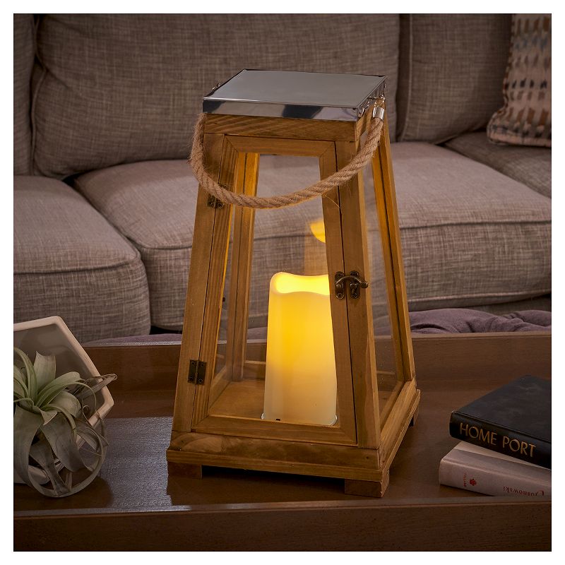 Smart Living Newport 15" LED Candle Outdoor Lantern - Natural Wood