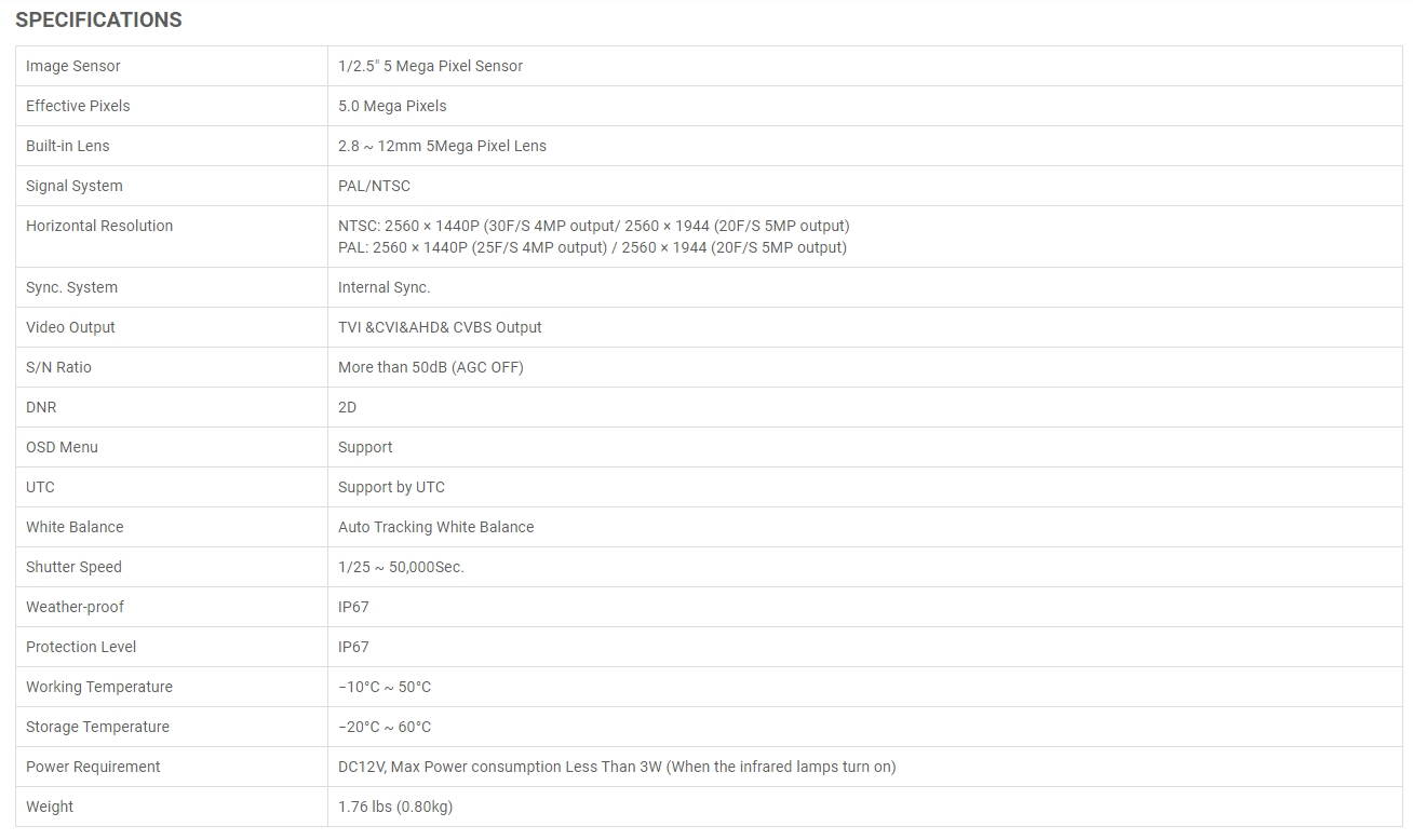 Eyemax TIV MB5332V-W HD-TVI 5MP IR Vandal DOME Camera 2.8-12mm Motorized, 4 COB IR LED 12V DC