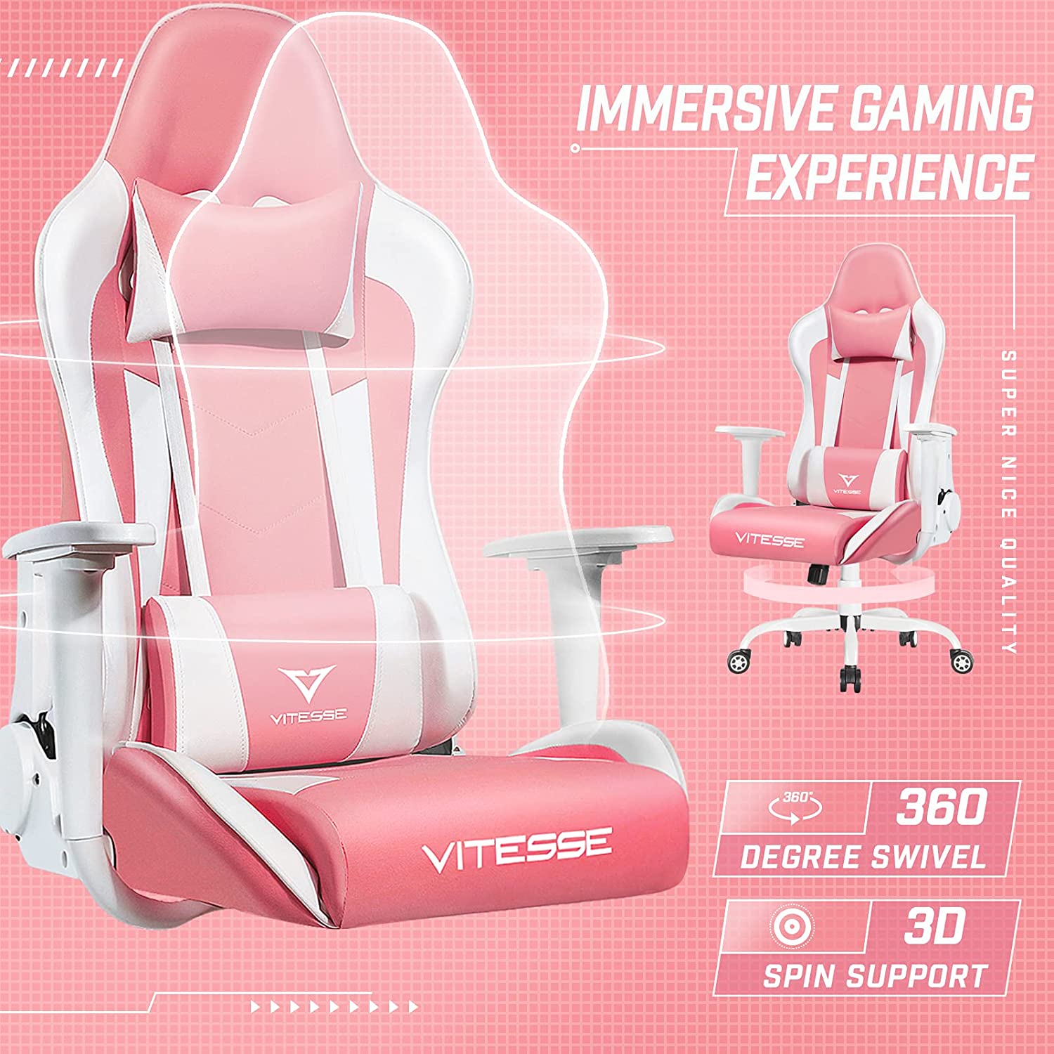 PUKAMI Pink Gaming Chair Cute Kawaii Gaming Chair for Girl Ergonomic Office Desk Chair Racing Office Chair Adjustable High Back Chair Game Chair Swivel Leather Chair with Lumbar Support and Headrest