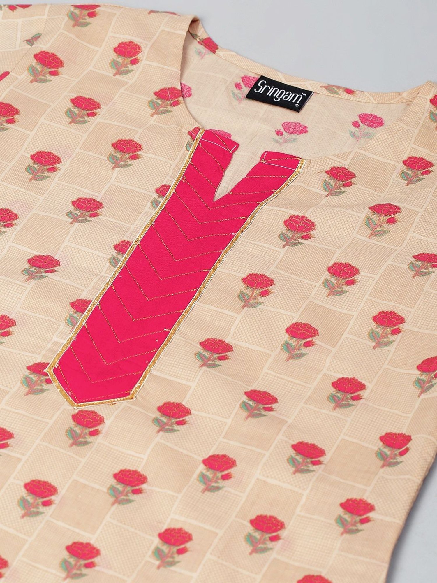 Sringam Beige & Pink Cotton Printed Kurta Pant Set