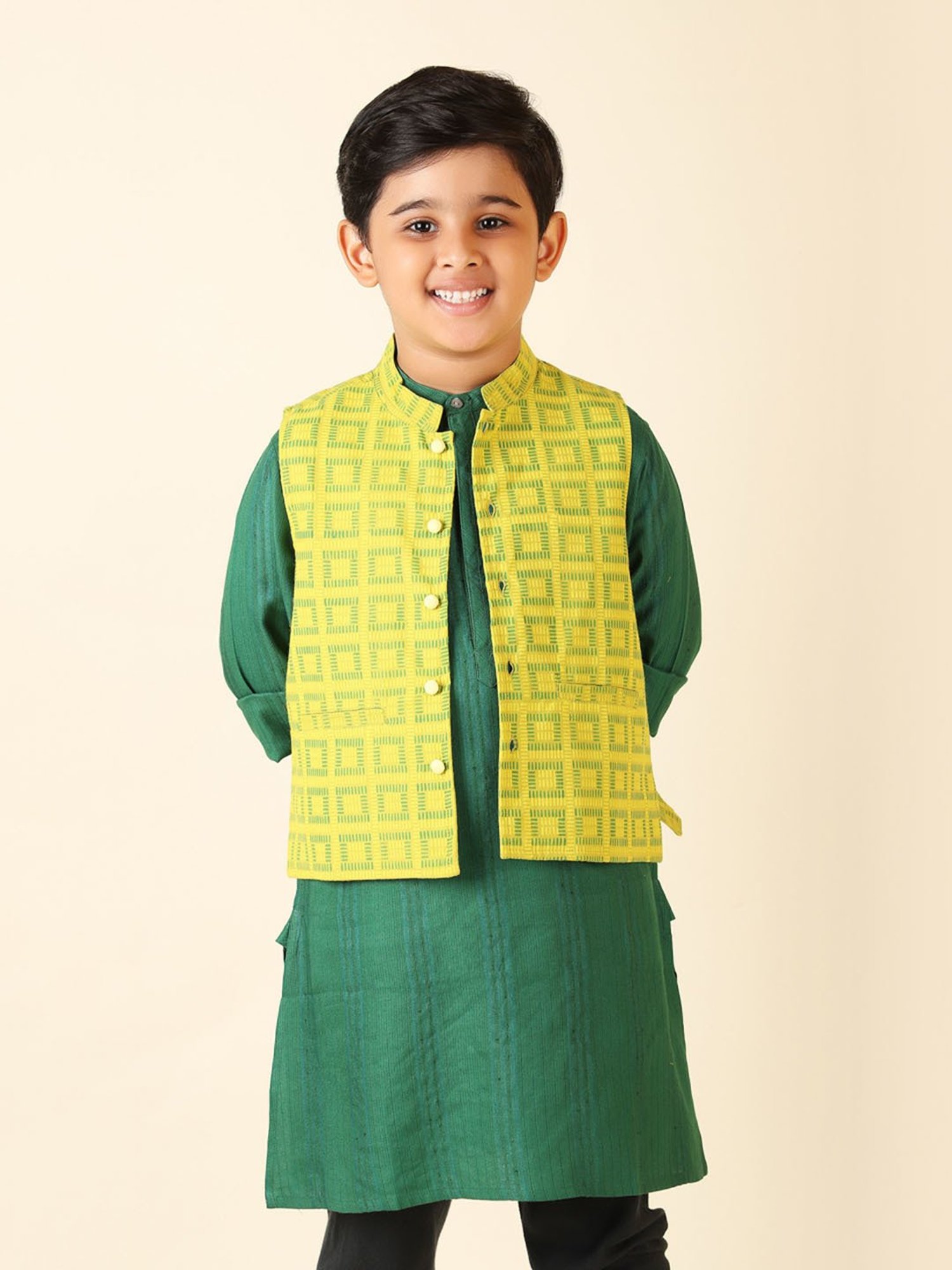 Fabindia Kids Lime Green Printed Nehru Jacket