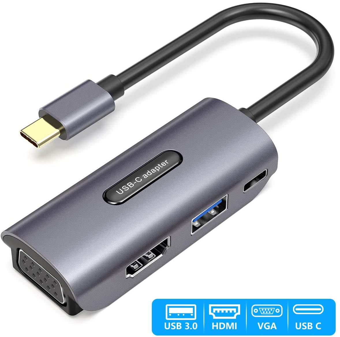 Nousija USB C to HDMI VGA Adapter, 4-in-1 Mini Hub, USB C to HDMI VGA USB DP Adapter, Fast Transfer & Charging, USB 3.0, 1080P VGA, 4K HDMI, USB C Adapter for 2 Screens, Monitors, Laptops, Black