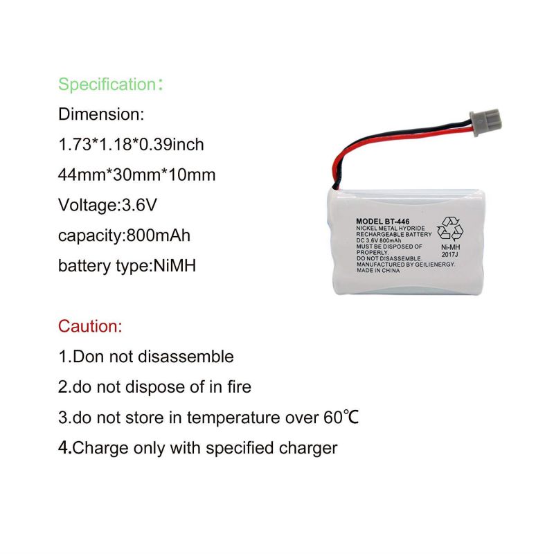 GEILIENERGY BT446 BT-446 BBTY0503001 BT-1004 BT-1005 GE-TL26402 BT-504 CPH-488B 3.6V 800mAh Rechargeable BatteryCompatible with Uniden Cordless Phone(Pack of 2)