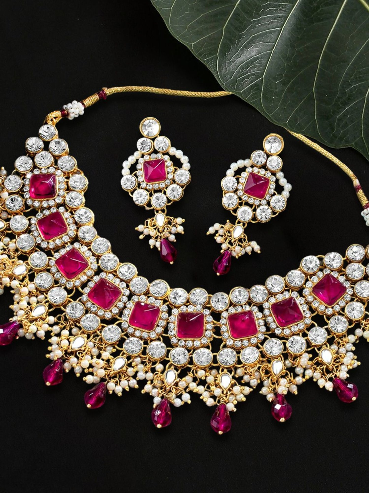 OOMPH Rani Pink Stones & Kundan Heavy Ethnic Necklace Set for Women
