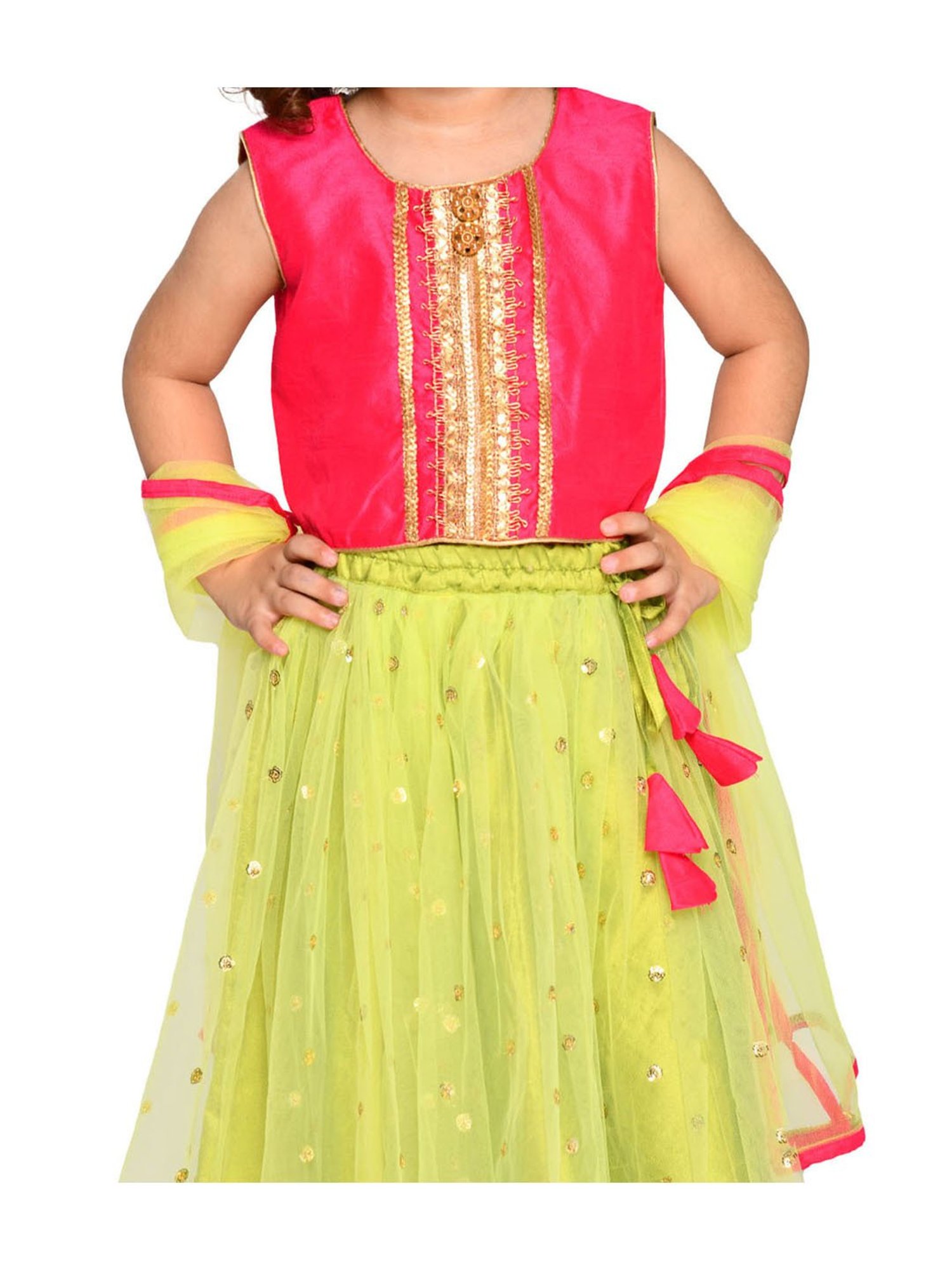Saka Designs Kids Magenta & Neon Green Embellished Lehenga with Choli & Dupatta