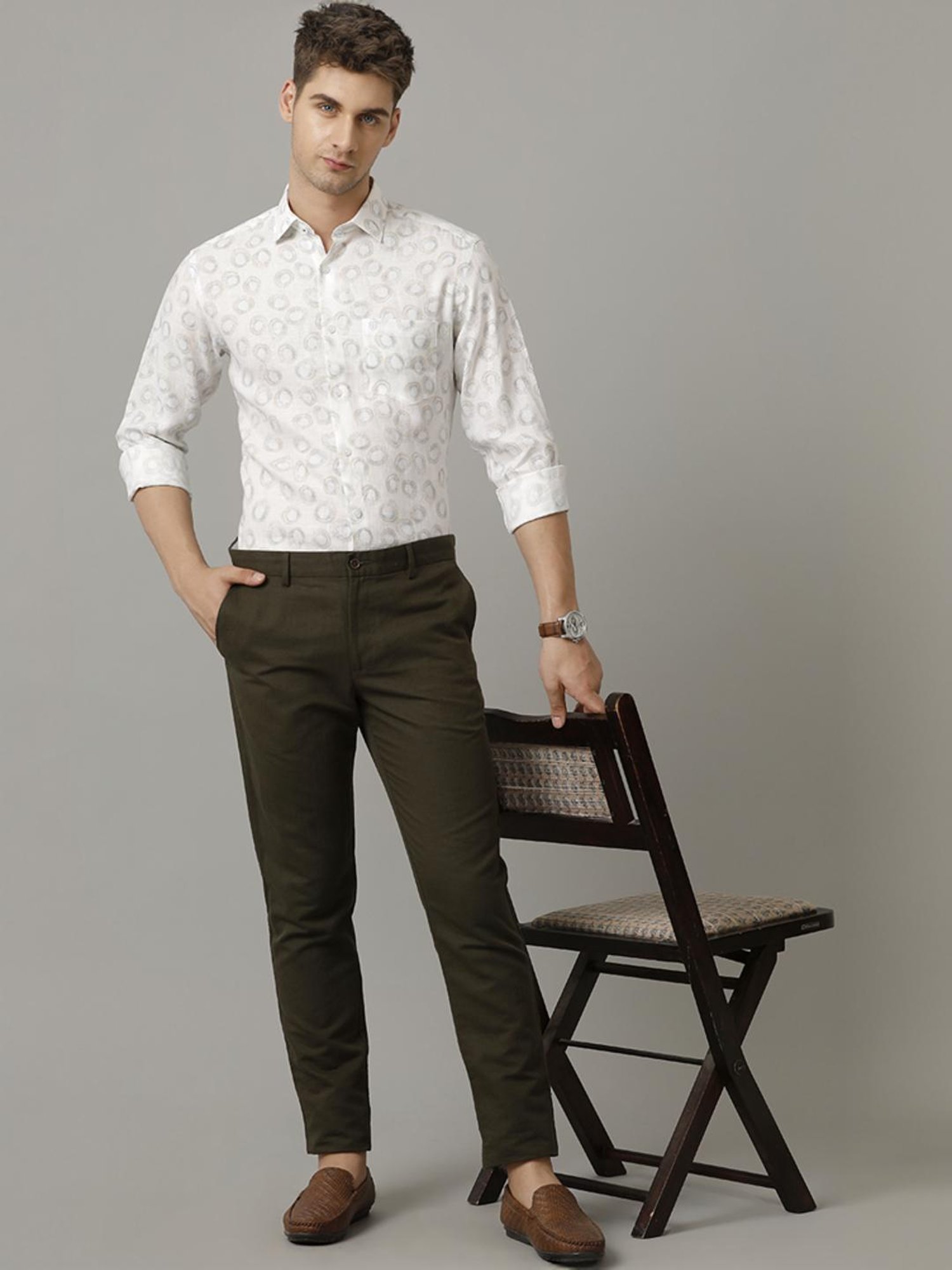 Linen Club Blue Linen Contemporary Fit Printed Shirt