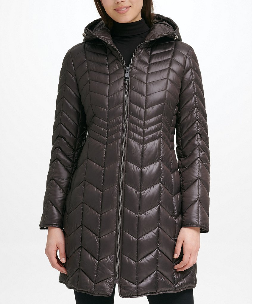 Kenneth Cole New York Water Resistant Packable Stand Collar Hooded Chevron Quilted Puffer Coat