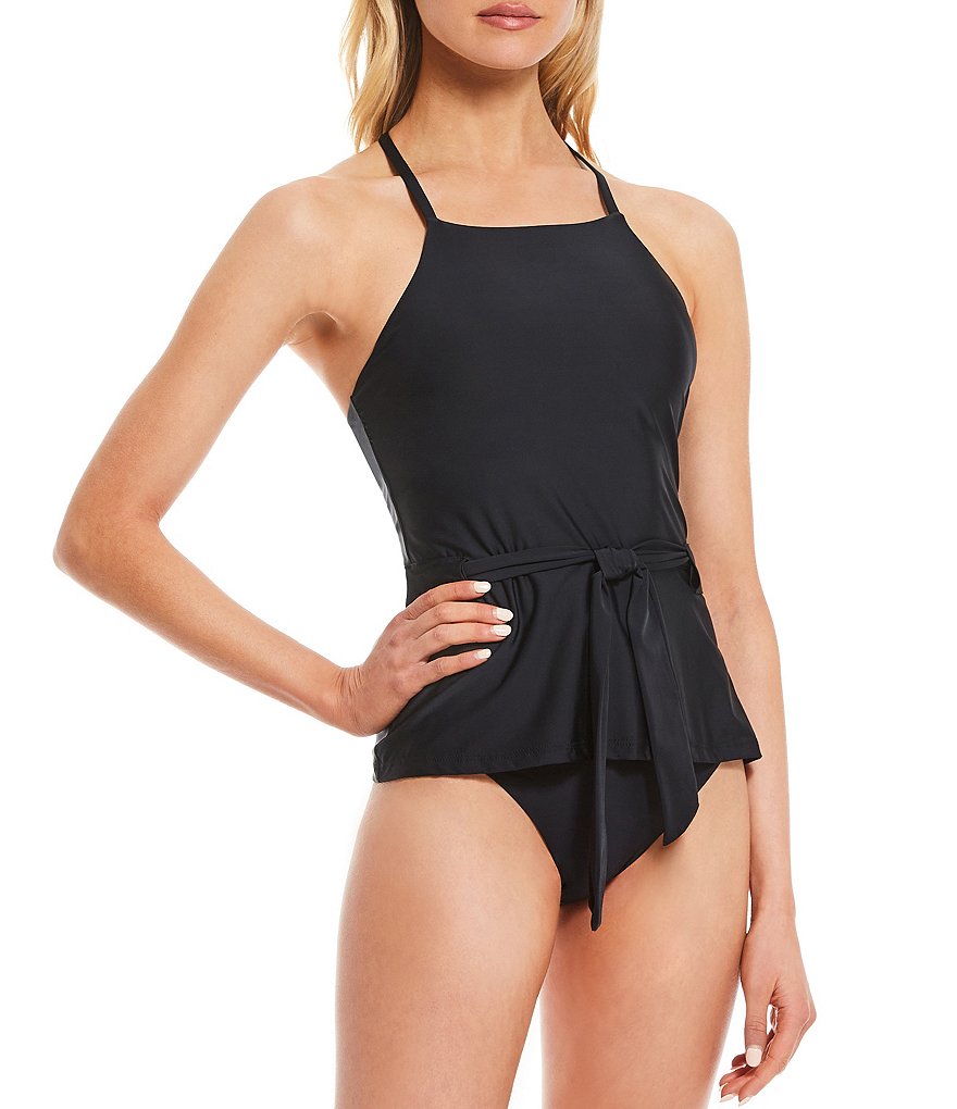 Antonio Melani Solid Belted High Neck Tankini Swim Top