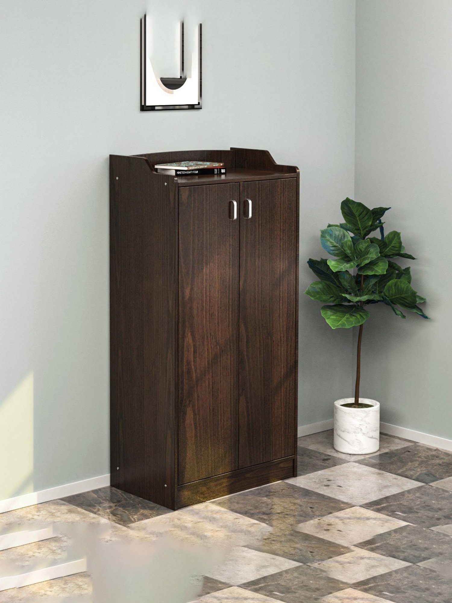 Nilkamal Claymont Walnut Brown Engineered Wood 2 Door Shoe Cabinet with 6 Shelf