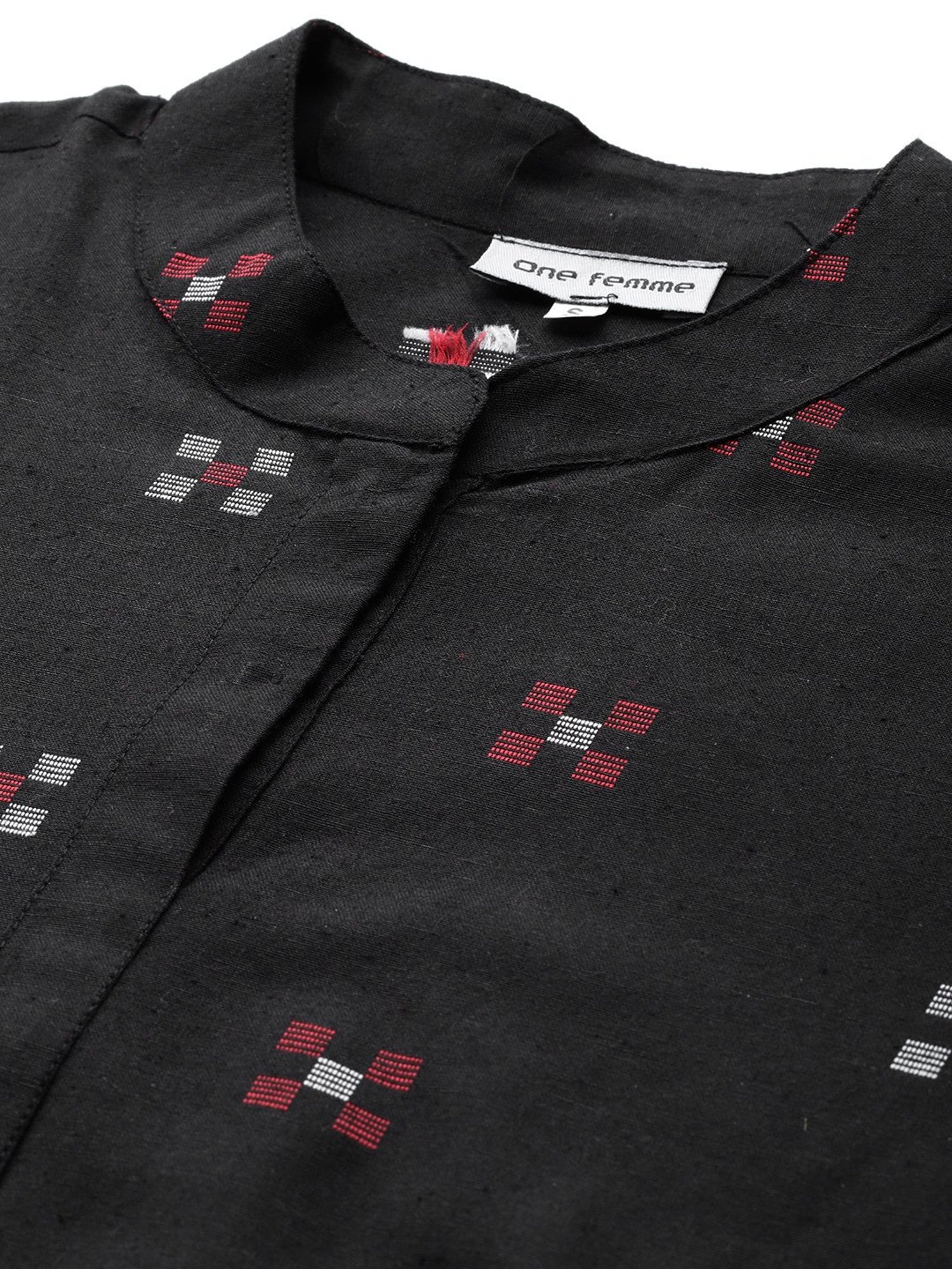 One Femme Black Cotton Embroidered A Line Kurti