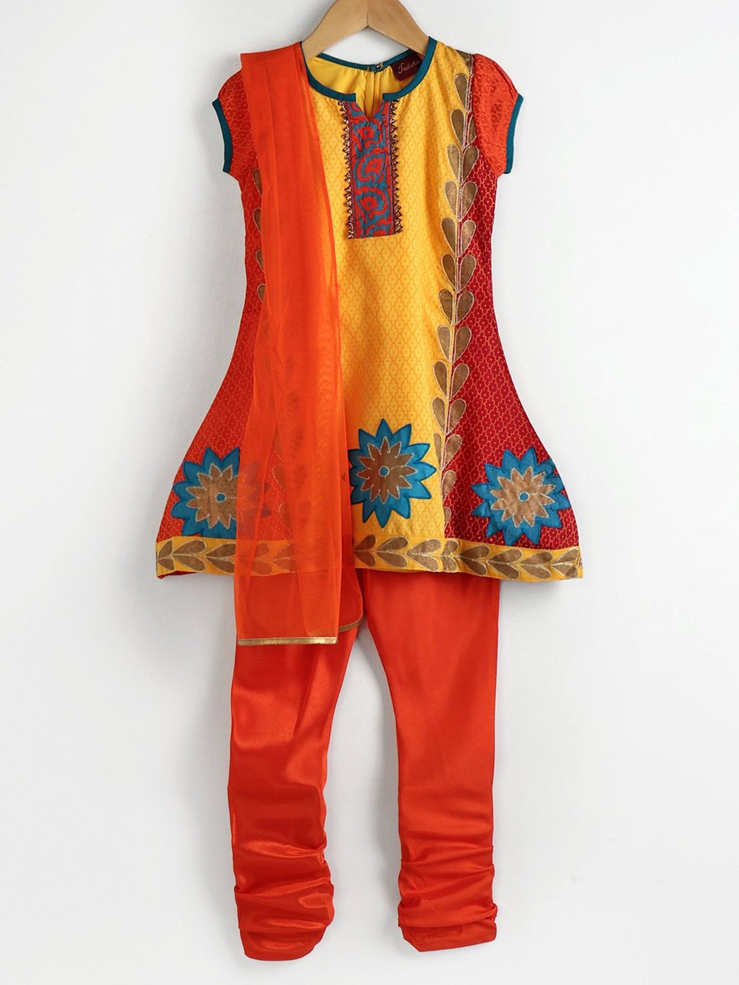 TWISHA Kids Mustard & Orange Embroidered Kurta, Churidar with Dupatta