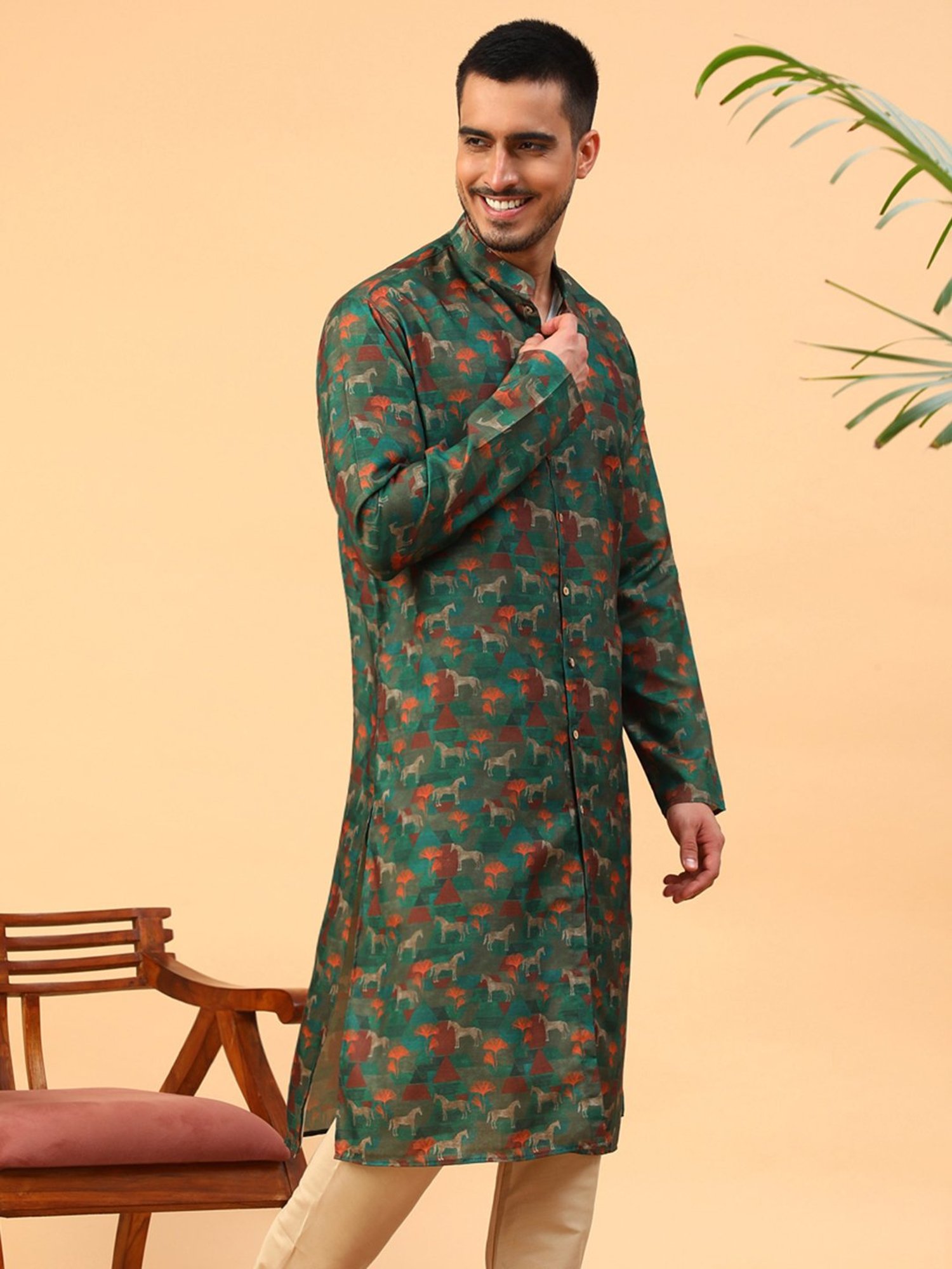 Manthan Fawn & White Regular Fit Kurta