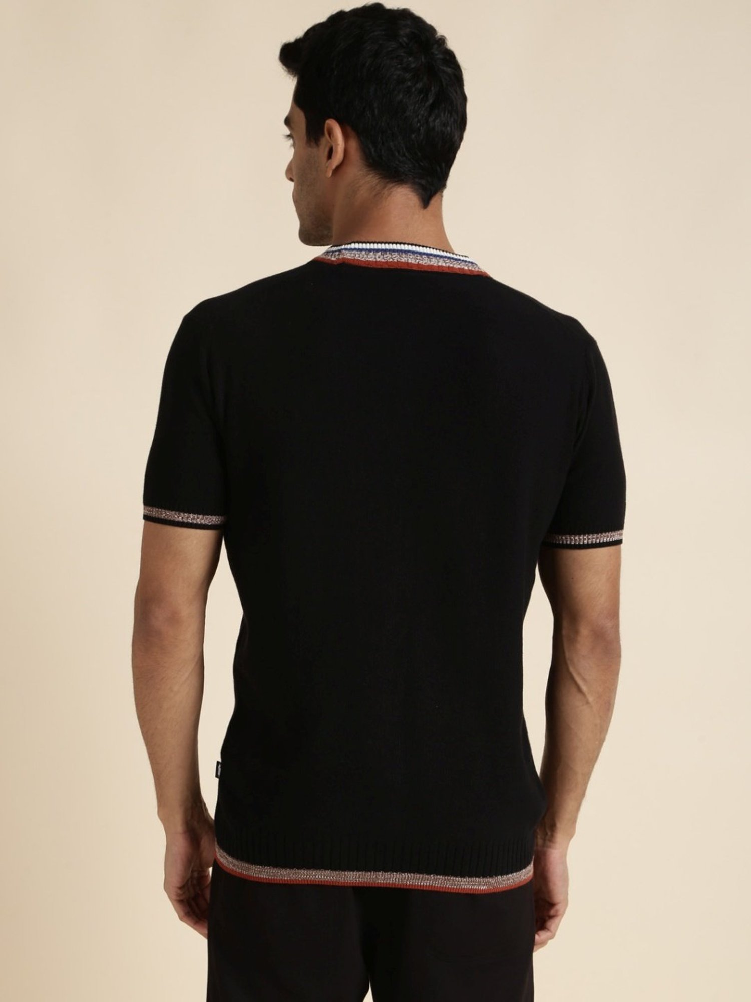 Andamen Black Regular Fit Self Pattern T-Shirt