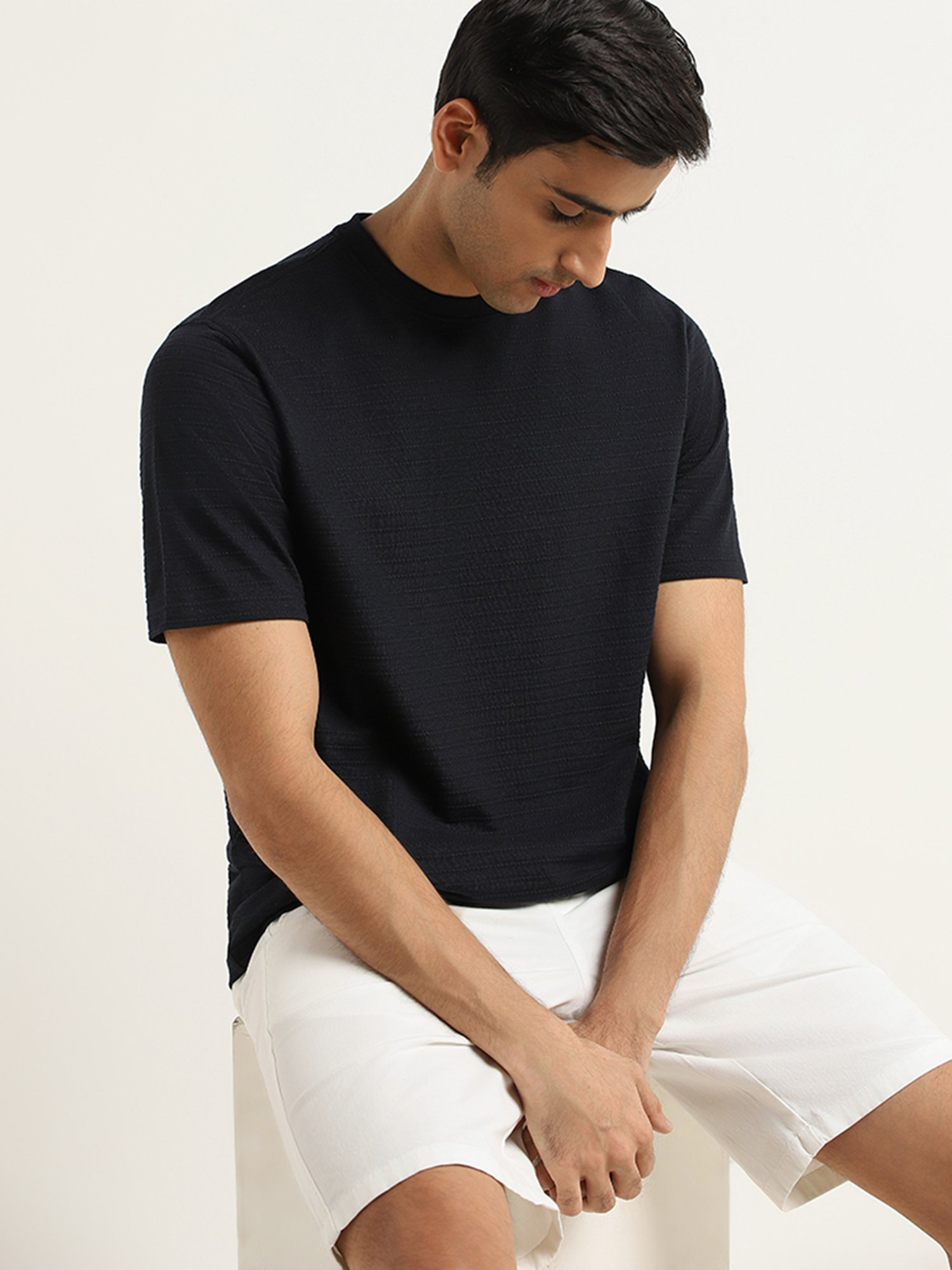WES Lounge by Westside Navy Self-Patterned Relaxed Fit T-Shirt