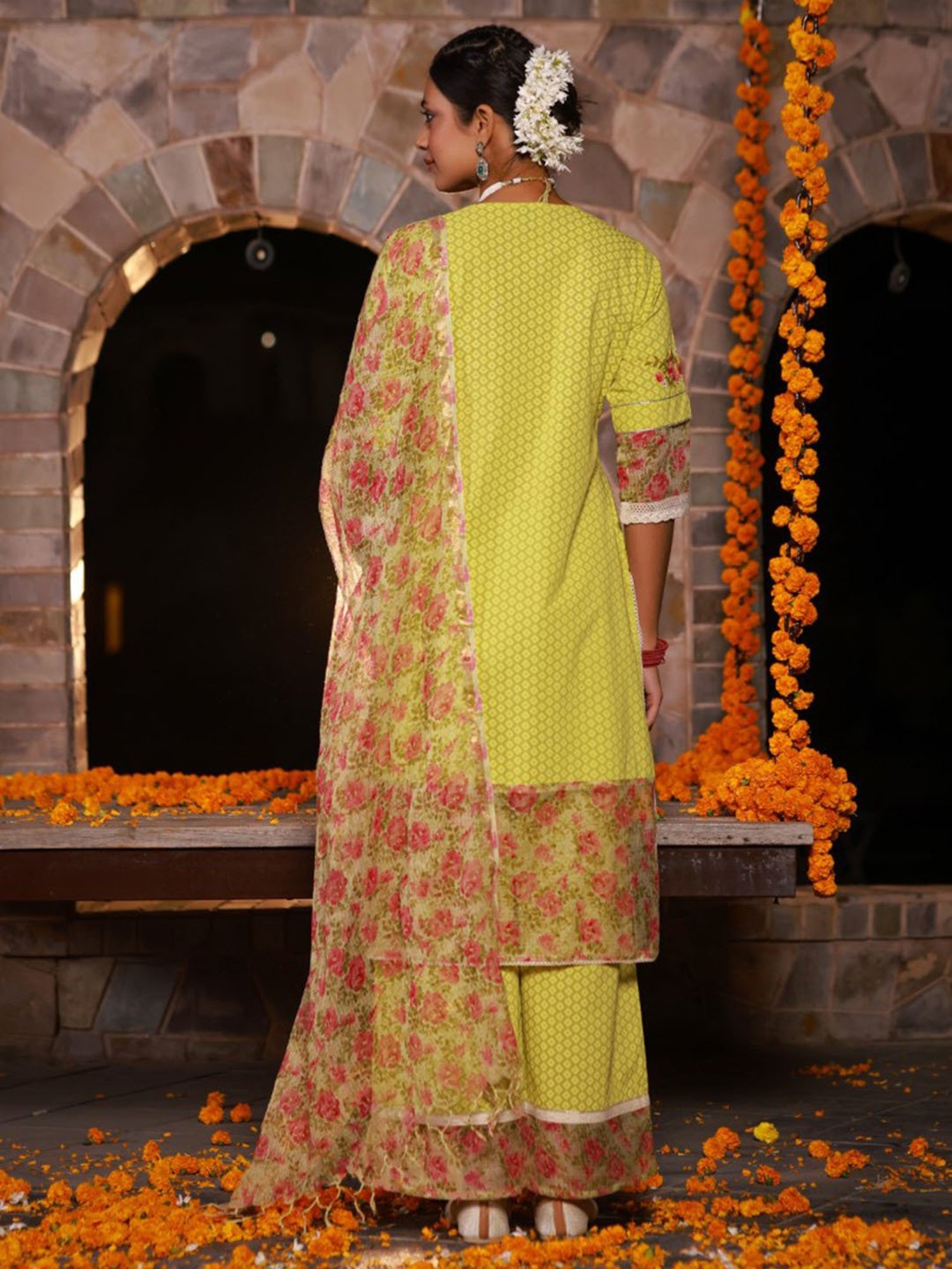 Juniper The Madhubala Green Floral & Lace Cotton Kurta Palazzo Set With Kota Doria Print Dupatta