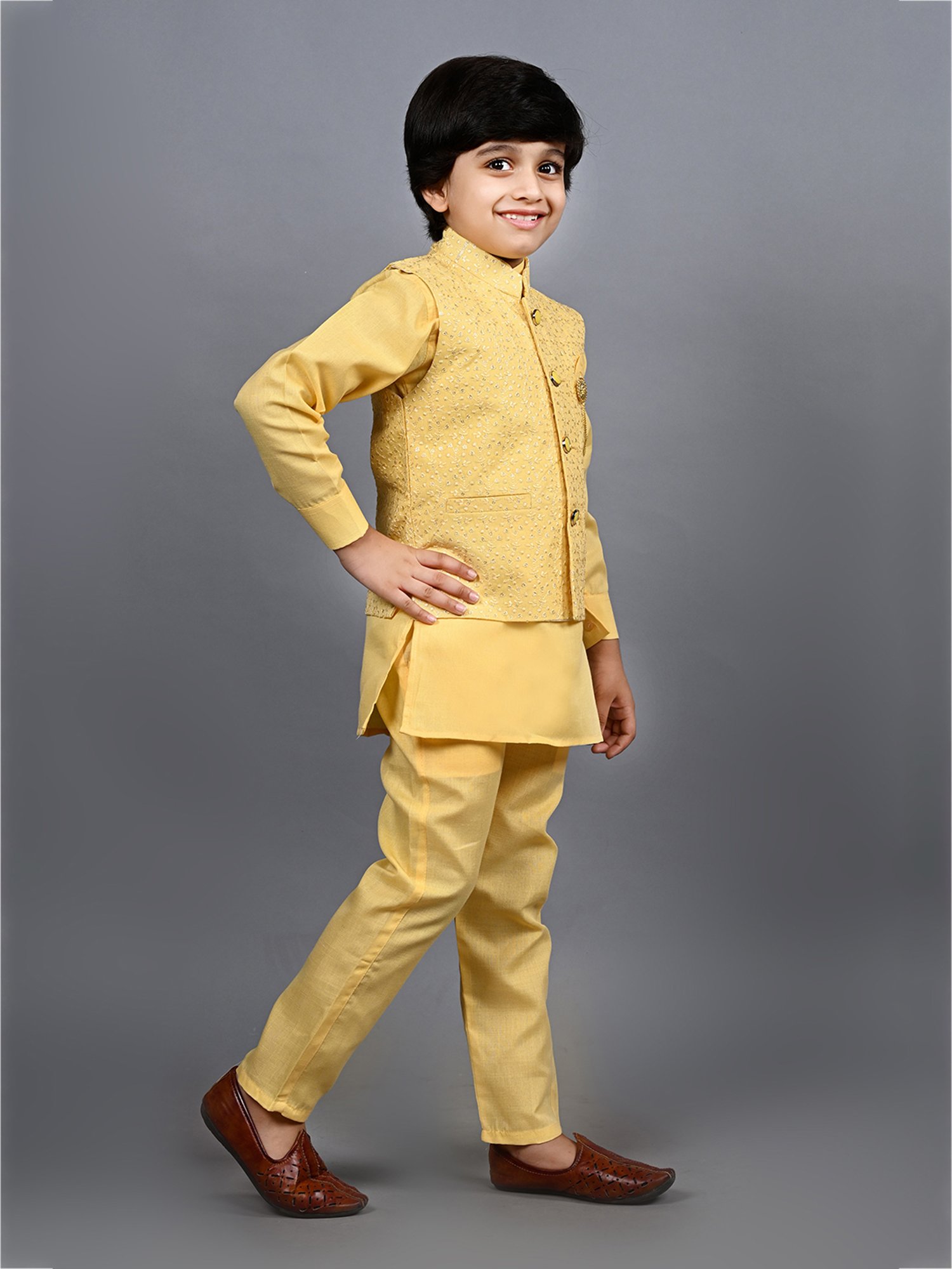 Ahhaaaa Kids Yellow Embellished Full Sleeves Sherwani, Jacket & Pyjamas