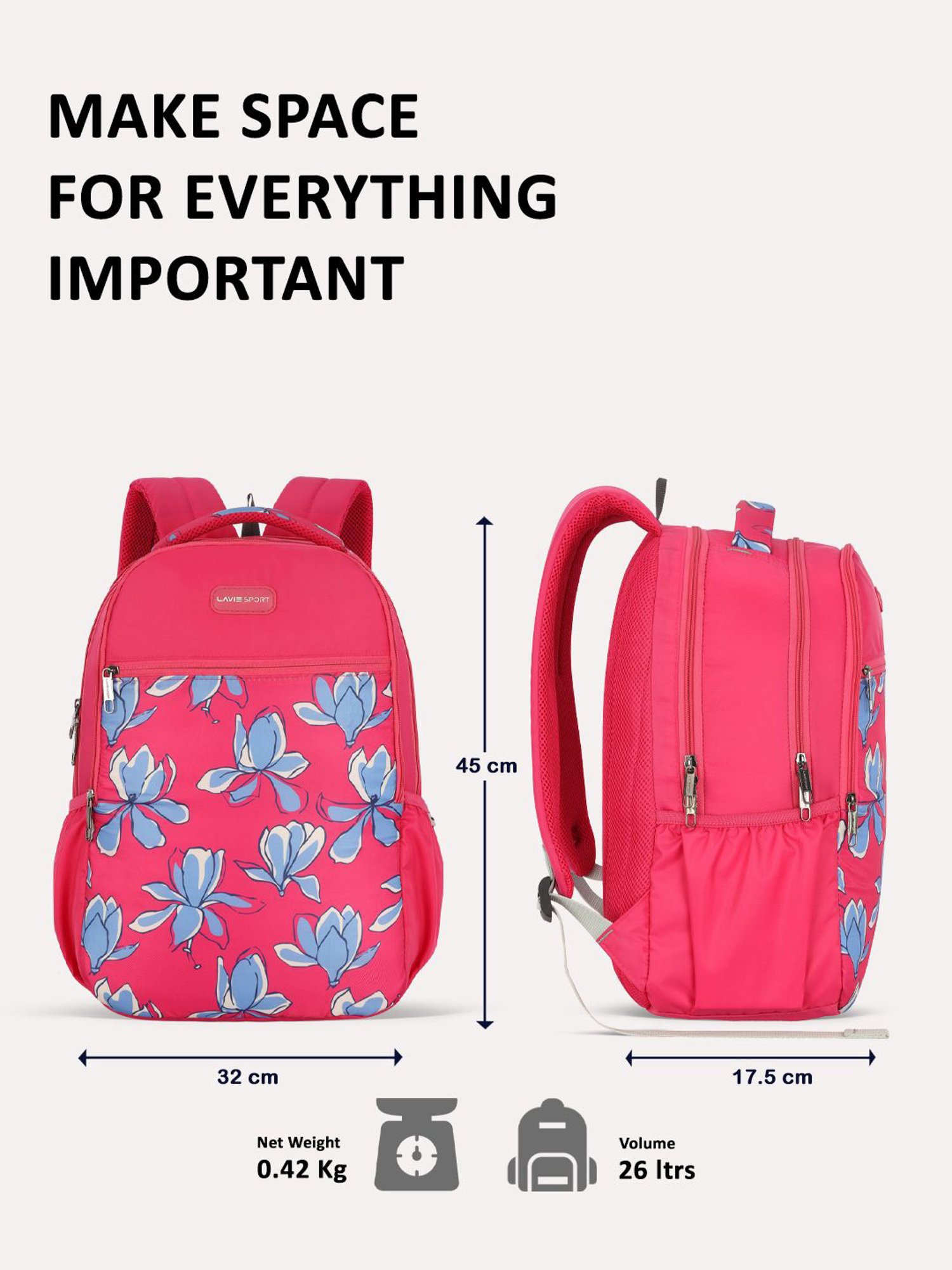 Lavie Sport Bloomy 26L Floral Printed School Backpack for Girls (Magenta)