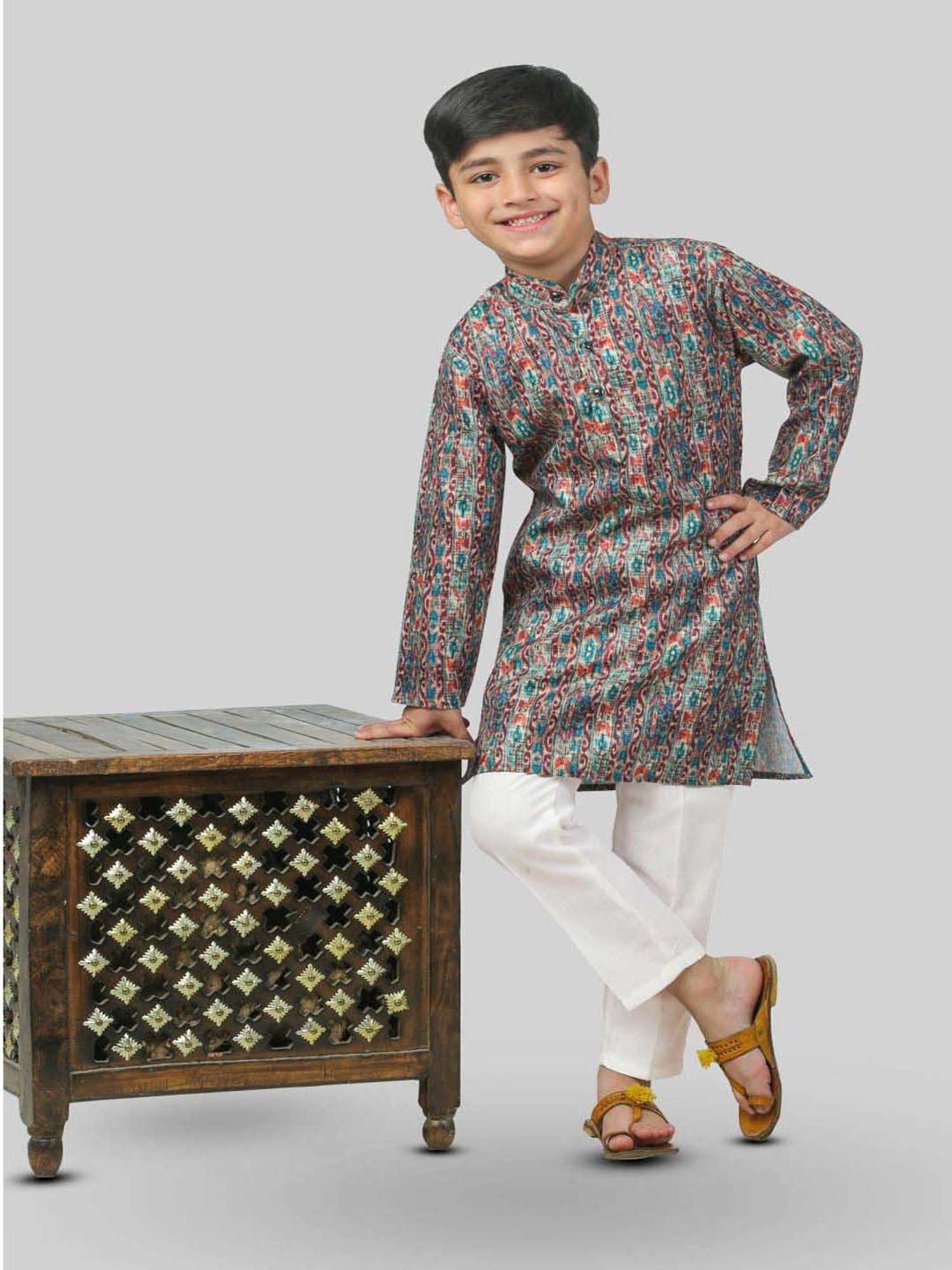 Ahhaaaa Kids Blue & White Cotton Handloom Full Sleeves Kurta Set