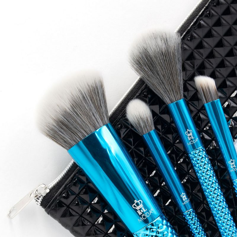 MODA Brush Metallics 5pc Defining Detailers Blue Makeup Brush Set with Black Studded Zip Case, Includes - Angle Blender, Diffuser, Crease and Triad Eye Brushes