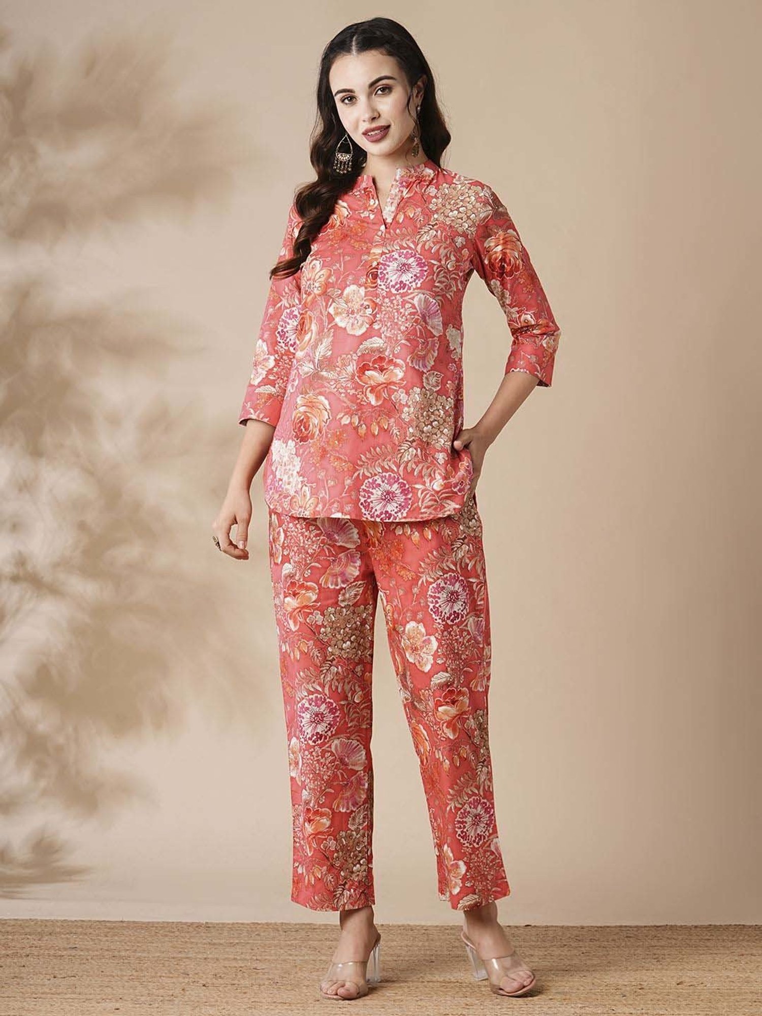 Fashor Coral Cotton Floral Print Kurti Pant Set