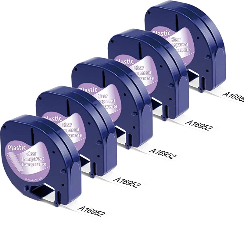 Compatible Label Replacement for DYMO LetraTag Refills Clear Transparent LT Pastic Tape 16952 for DYMO LetraTag 100H LT100T Plus LT110T QX50 Label Makers 12 Inch x 13 Ft 12mm x 4m 5Pack