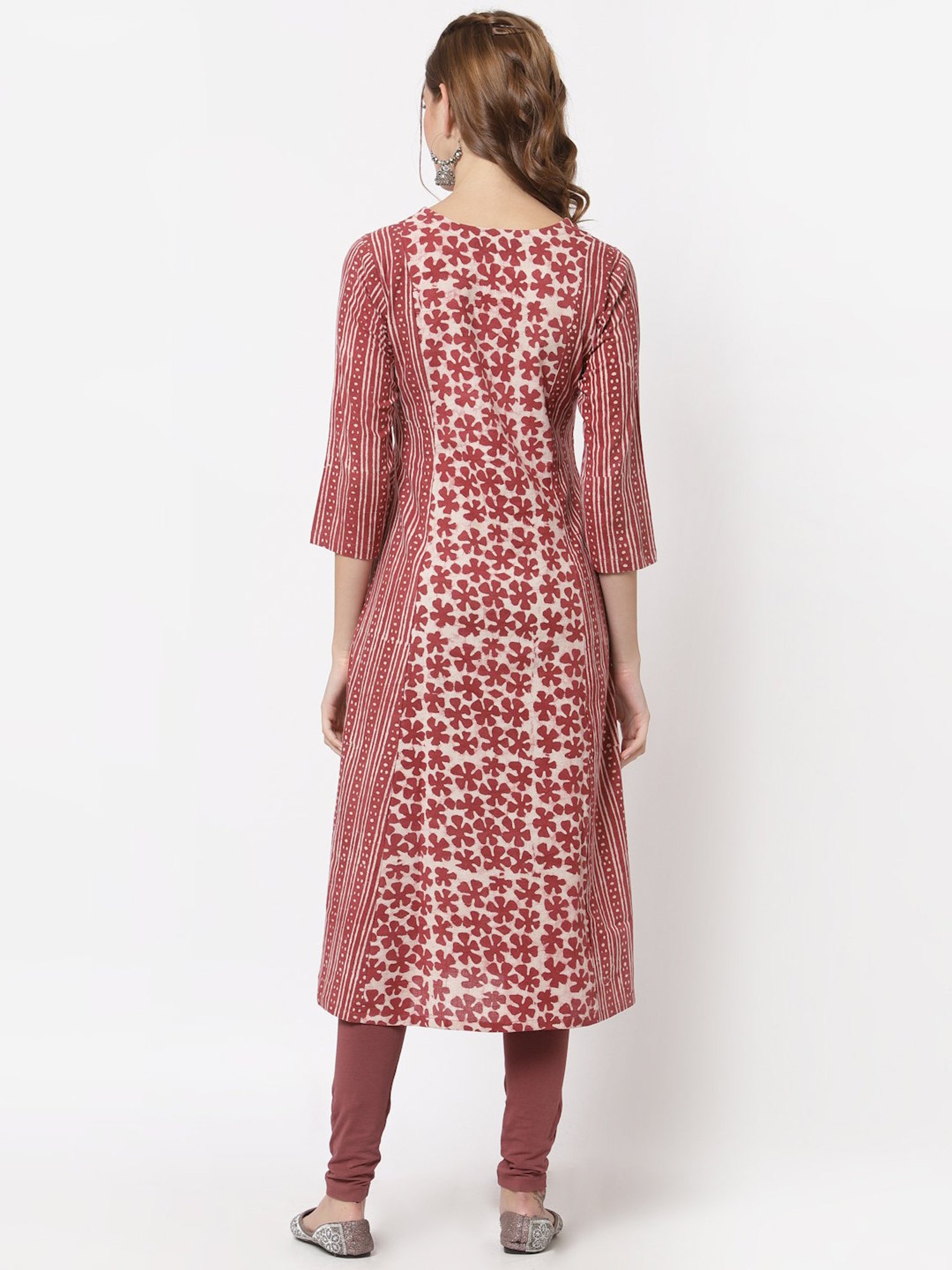 Kami Kubi Maroon & Beige Cotton Floral Print A Line Kurta