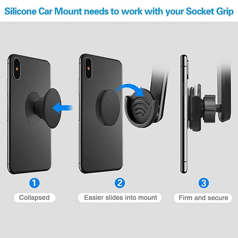 Suction Cup Phone Holder for Socket Users,  Dashboard Car Phone Mount for Collapsible Grip with Adjustable 360&deg;Rotation, Includes 3M Sticky Adhesive Replacement for Expanding Stand - Black